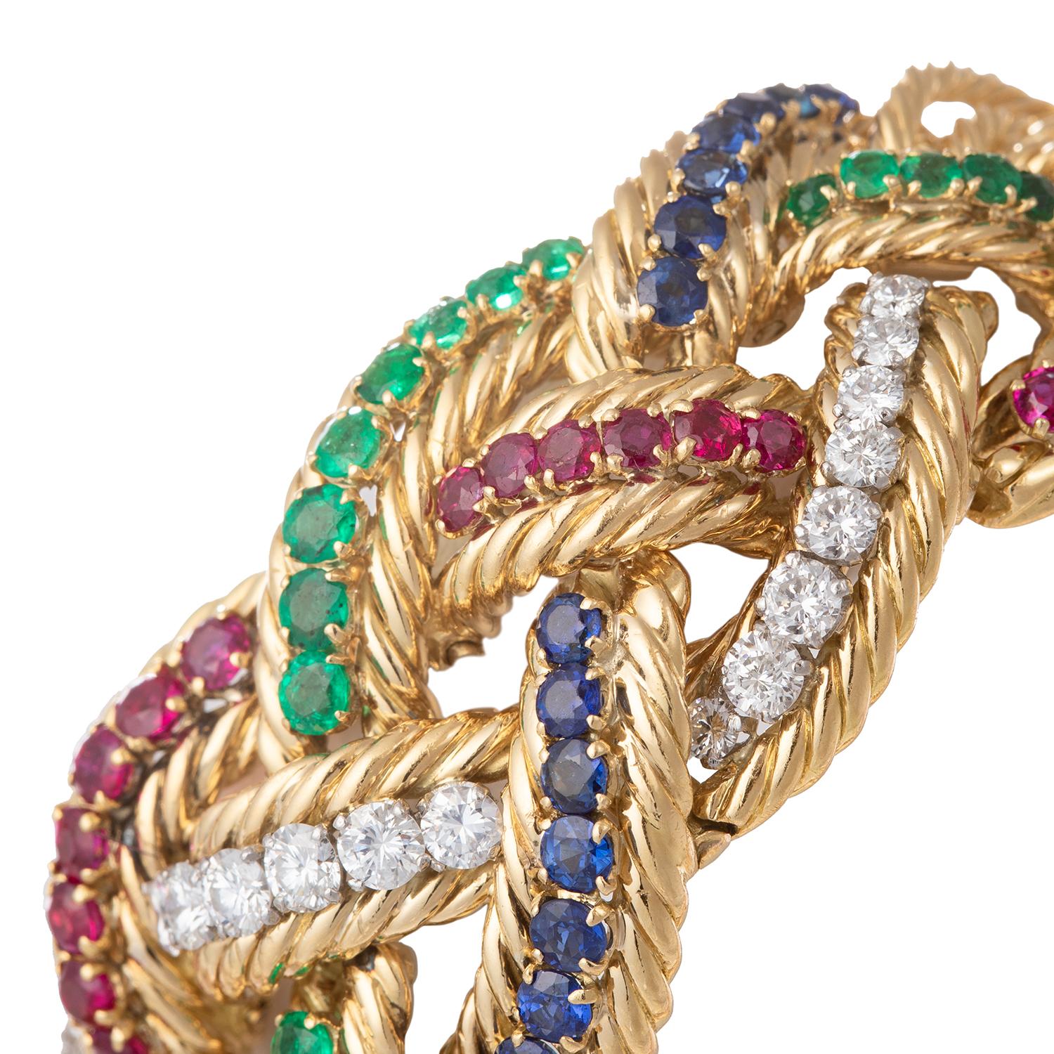 Taille ronde Boucheron Paris 1960s Rubis Saphir Emeraude Diamant Bracelet en vente
