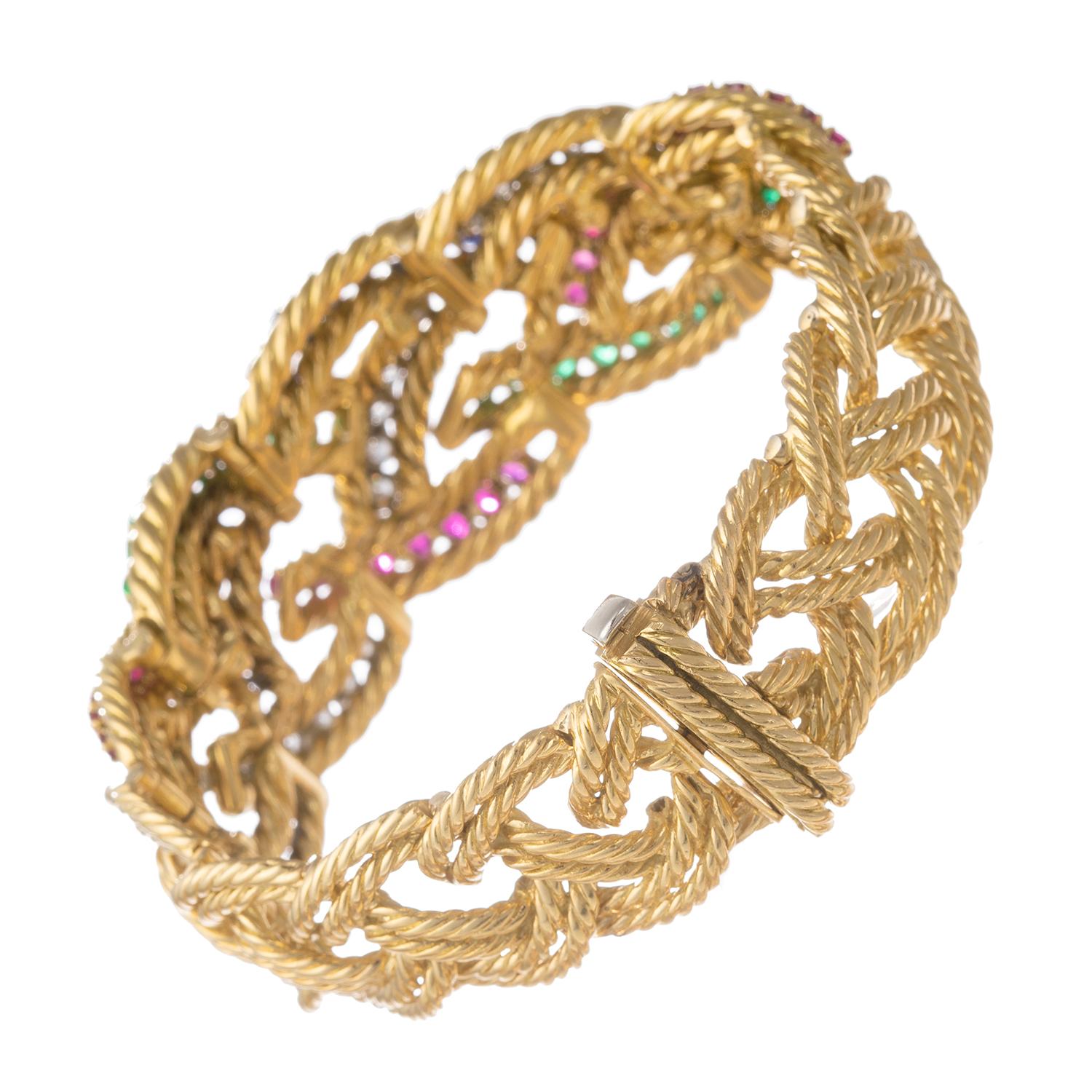 Boucheron Paris 1960s Rubis Saphir Emeraude Diamant Bracelet en vente 1