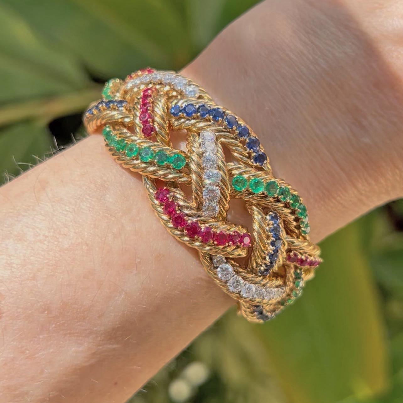 Boucheron Paris 1960s Ruby Sapphire Emerald Diamond Bracelet In Excellent Condition For Sale In Palm Beach, FL