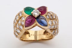 Boucheron, Paris 1960s Ruby, Sapphire Emerald with Diamonds Gold Band Style Band