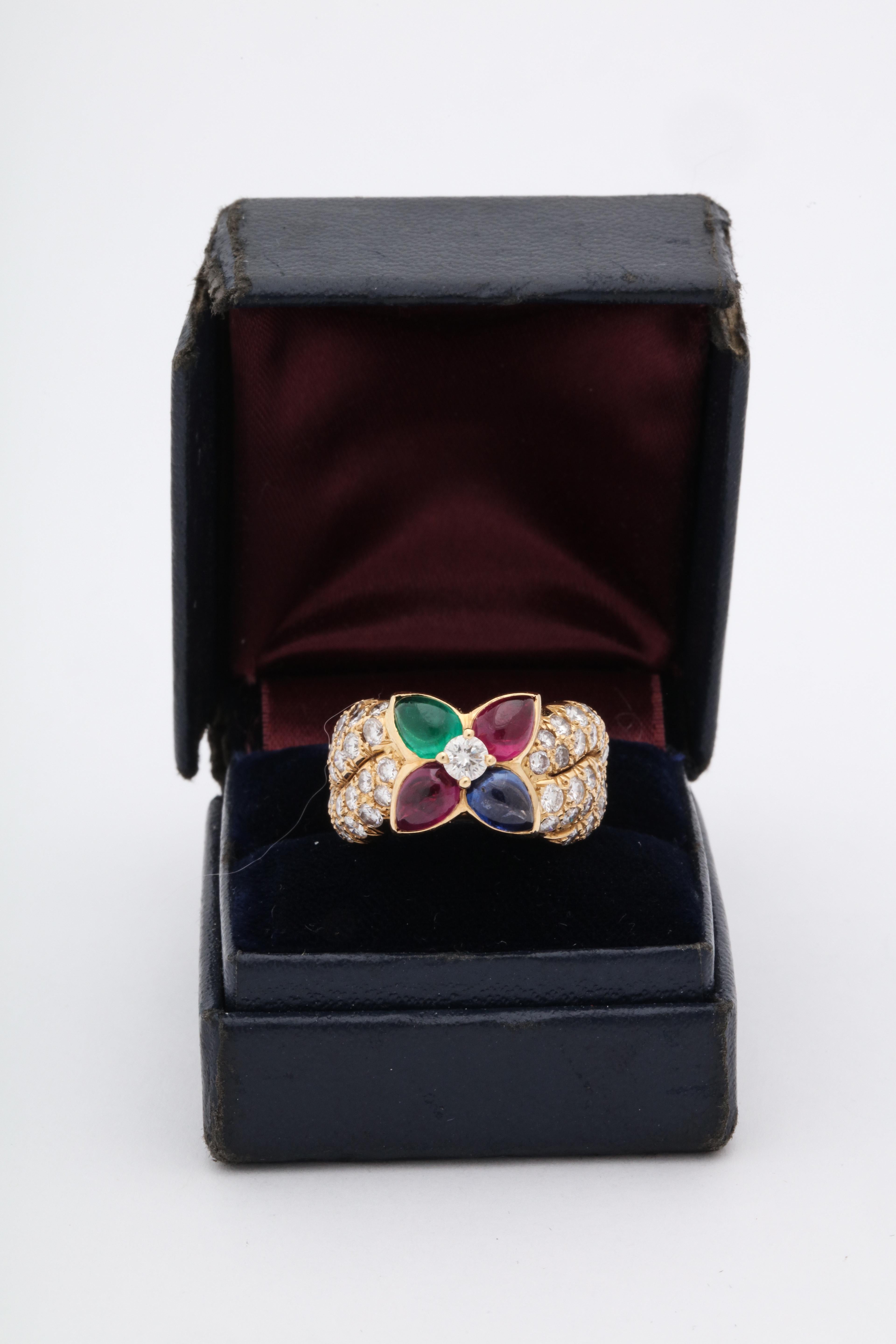Boucheron, Paris 1960s Ruby, Sapphire Emerald with Diamonds Gold Band Style Band (Tropfenschliff)