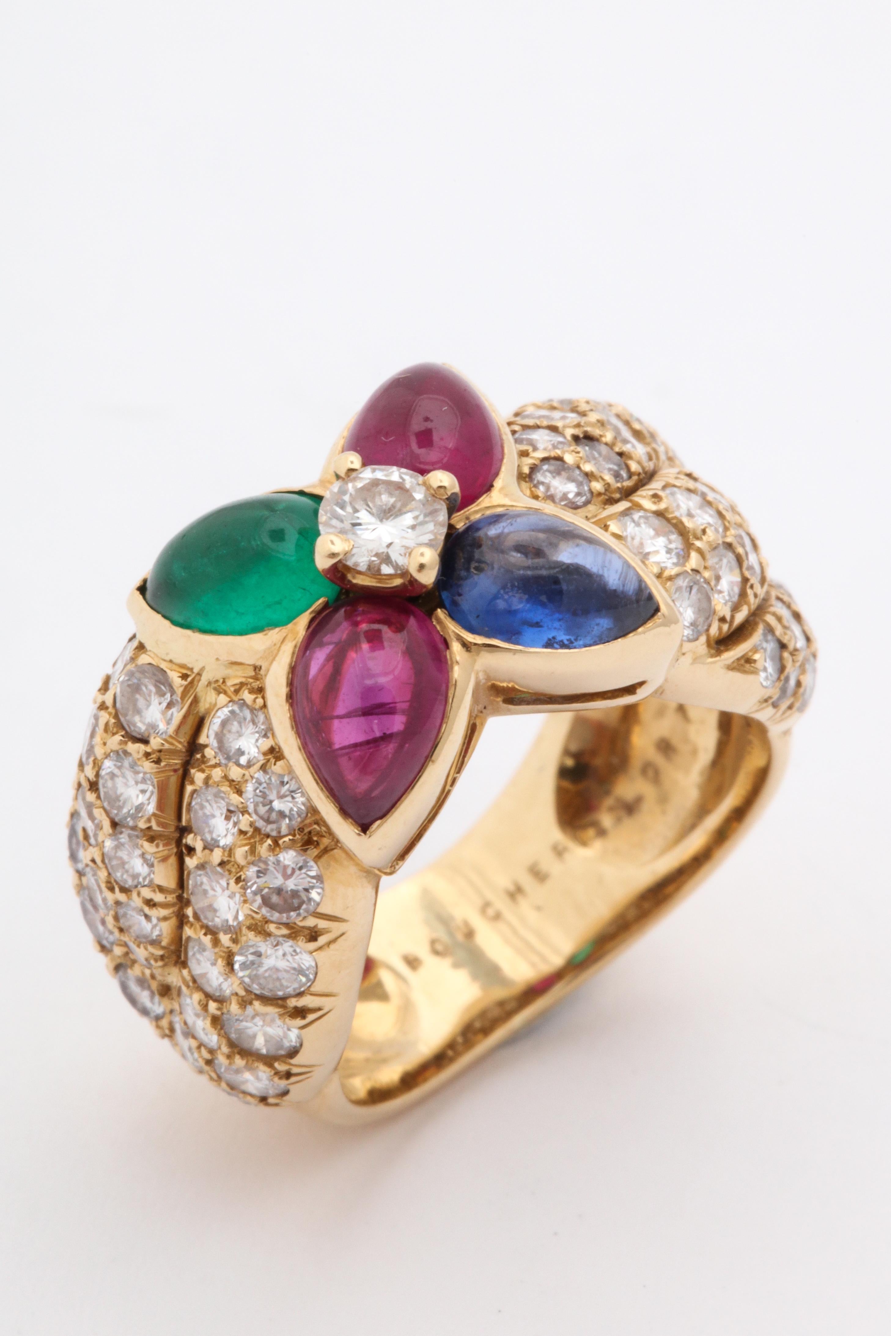 Boucheron, Paris 1960s Ruby, Sapphire Emerald with Diamonds Gold Band Style Band im Zustand „Gut“ in New York, NY