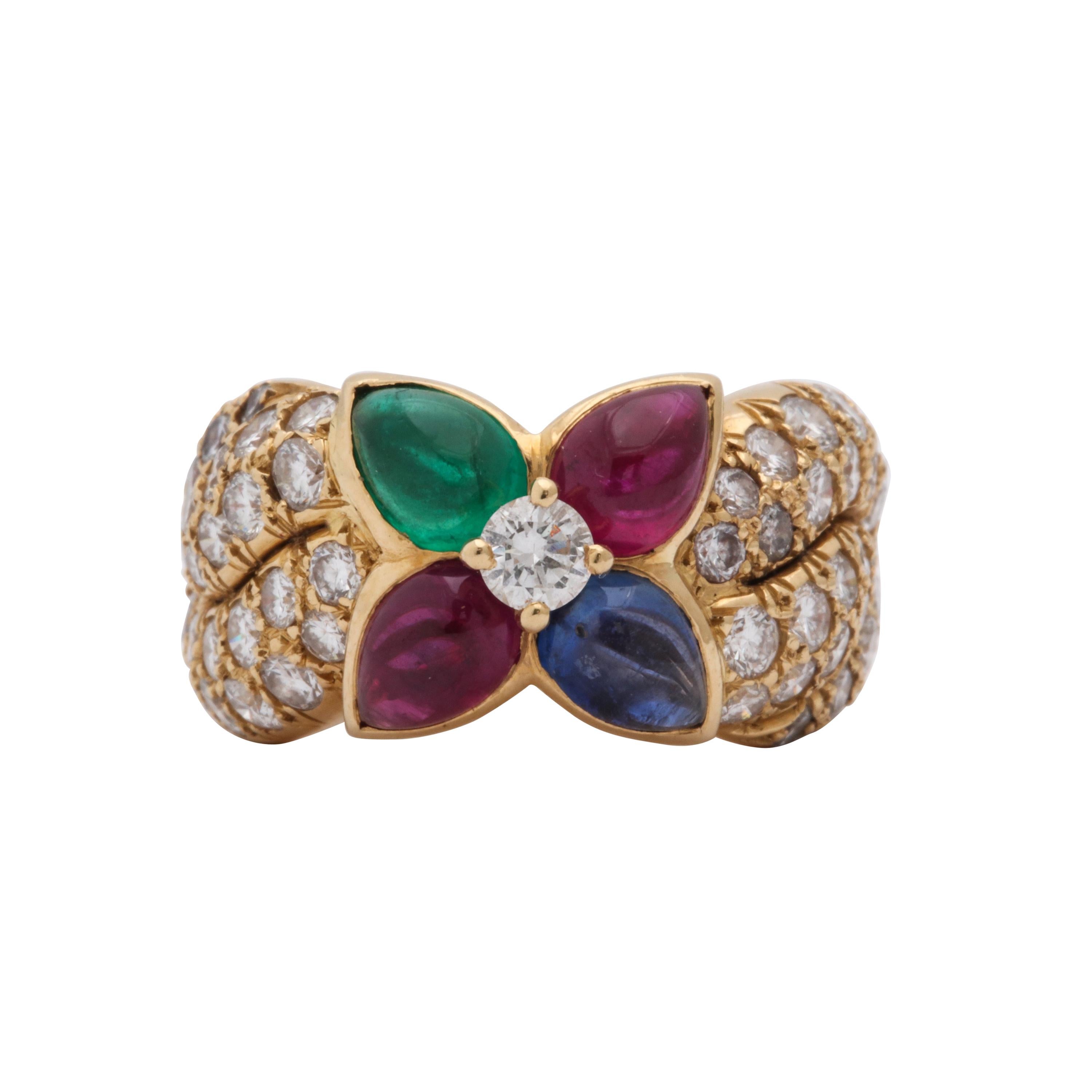 Boucheron, Paris 1960s Ruby, Sapphire Emerald with Diamonds Gold Band Style Band