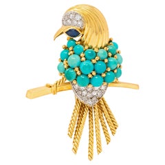 Boucheron Paris 1960s Turquoise Diamond 18K Gold Platinum Vintage Bird Brooch