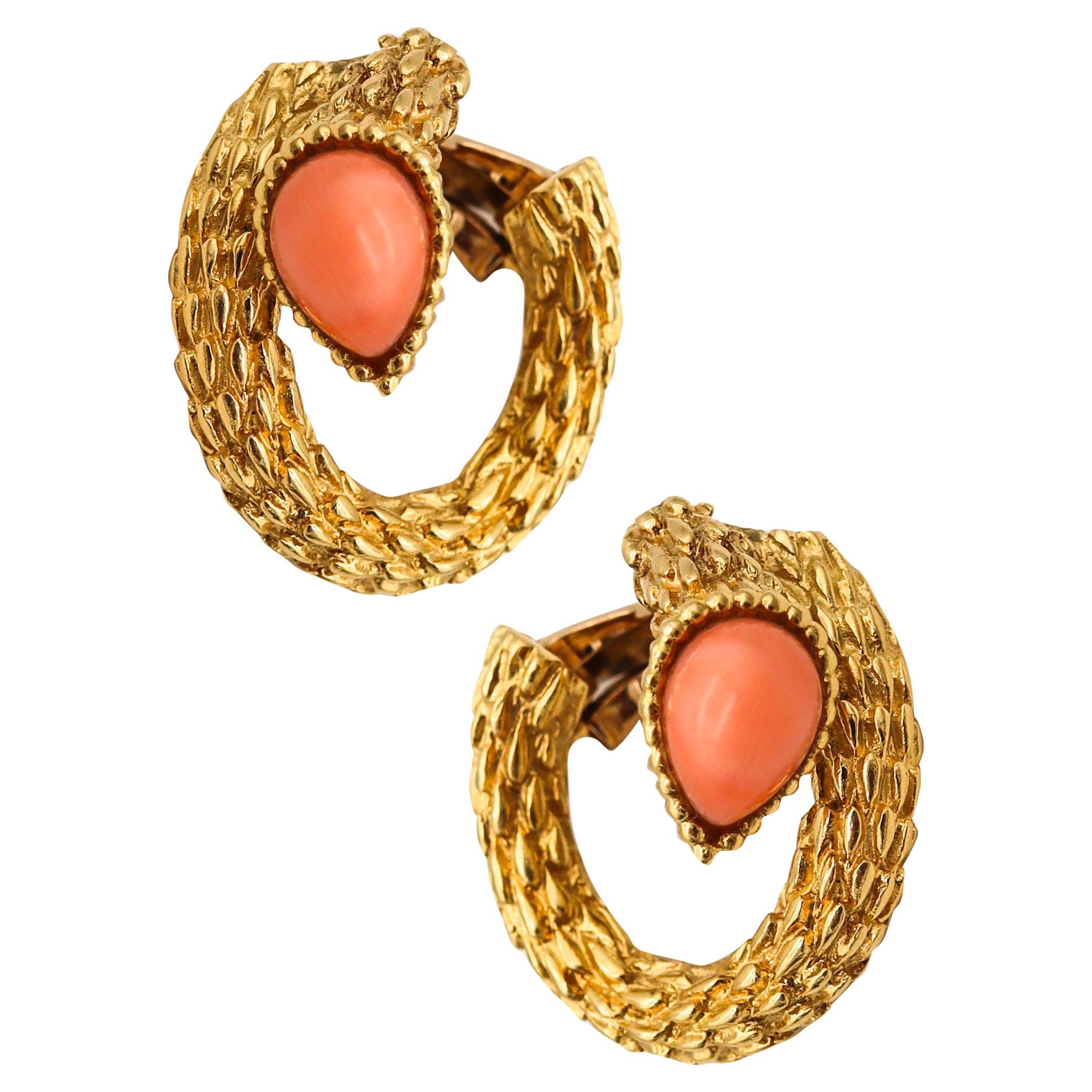Boucheron Paris 1970 Serpent Boheme Textured Earrings In 18Kt Gold With Coral