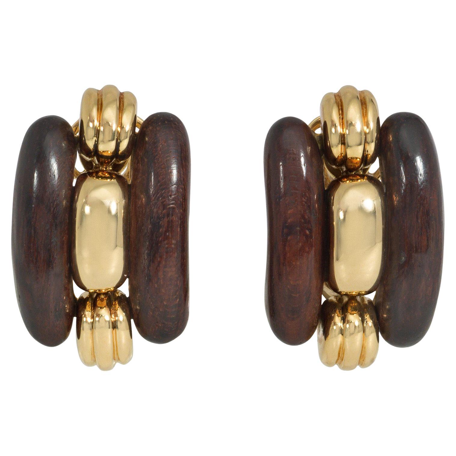 Boucheron, Paris 1970s Gold and Wood Clip Earrings