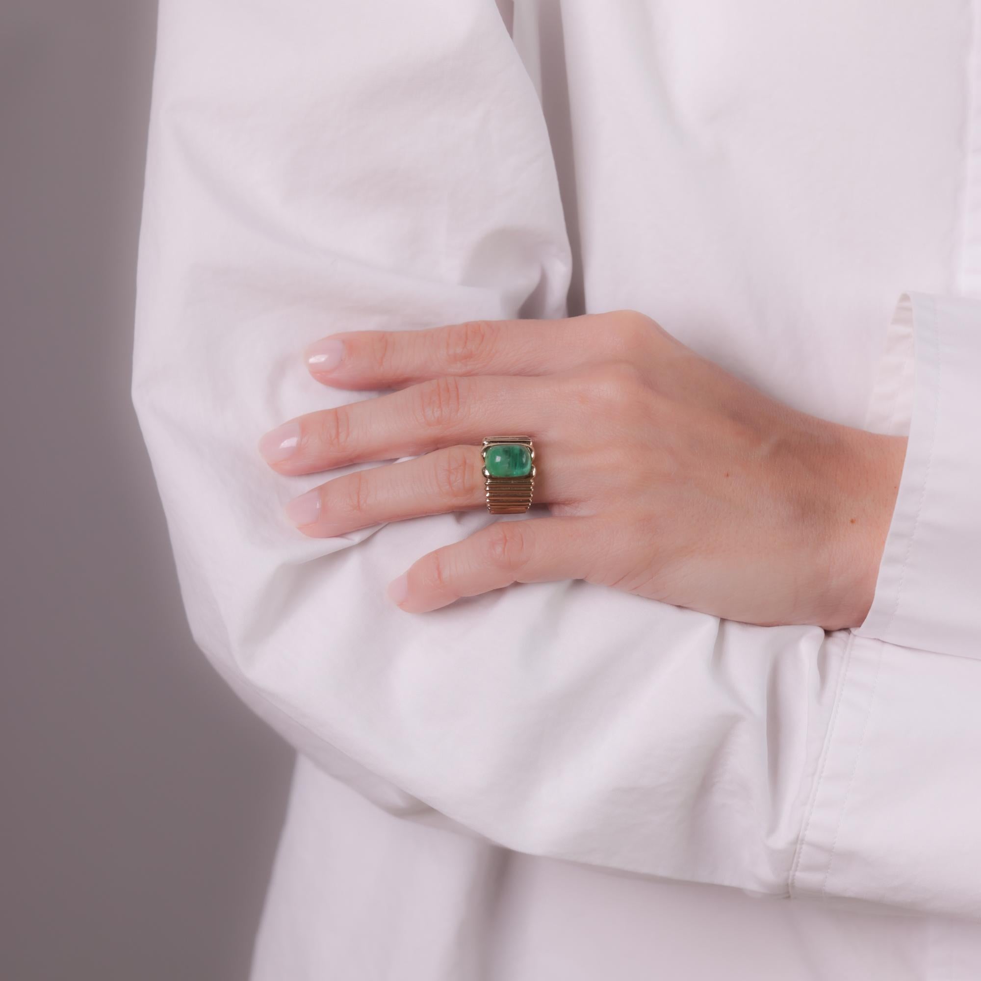 This vintage Boucheron Paris ring features an approximately 4.40-carat cabochon-cut emerald set in 18k yellow gold. Signed with French eagle head and maker’s mark. Circa 1980s.

Brand: Boucheron Paris
Center stone: Cabochon cut emerald 
Weight:
