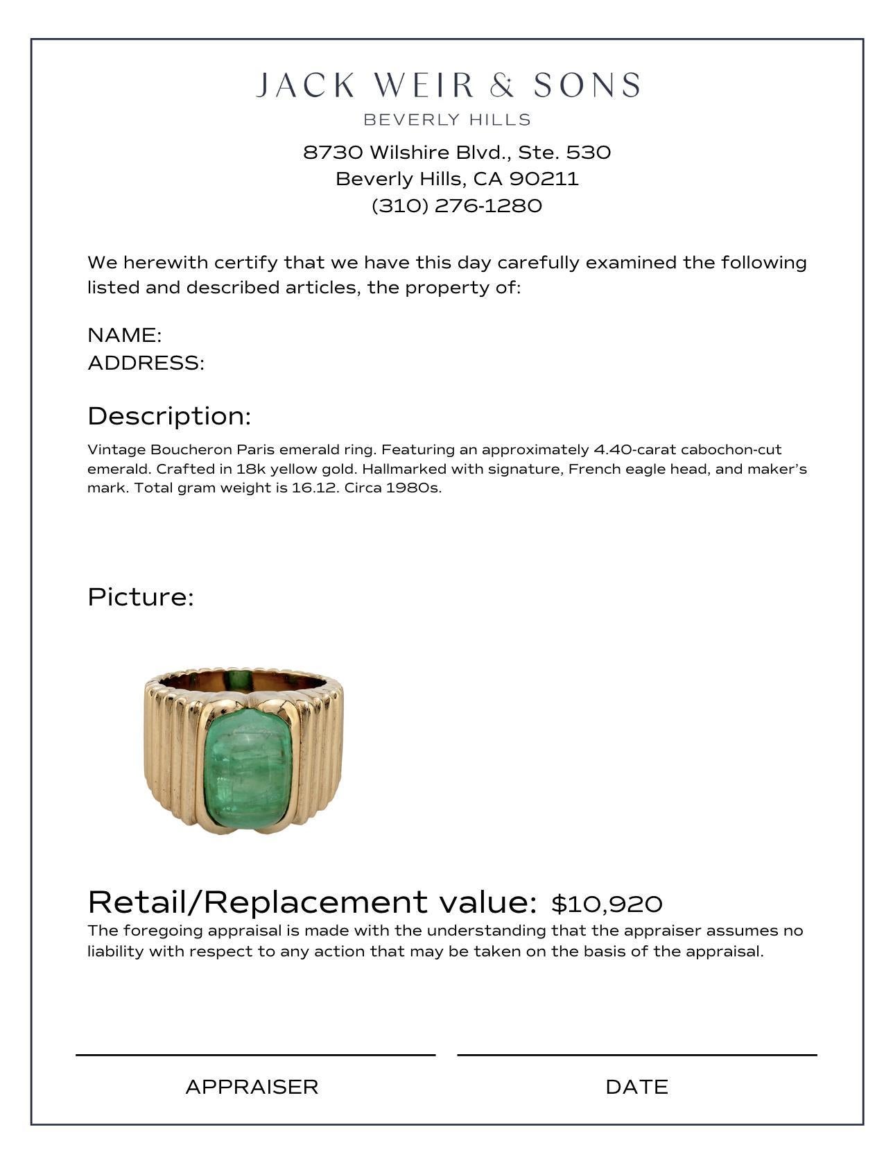 Boucheron Paris 4.40 carat cabochon emerald 18k yellow gold band In Excellent Condition In Beverly Hills, CA