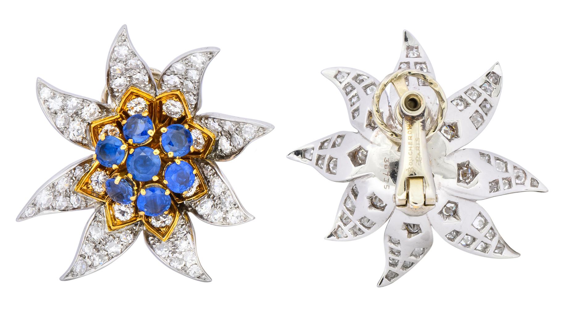 Boucheron Paris 5.52 Carat Diamond Sapphire Platinum 18 Gold Flower Earrings 4