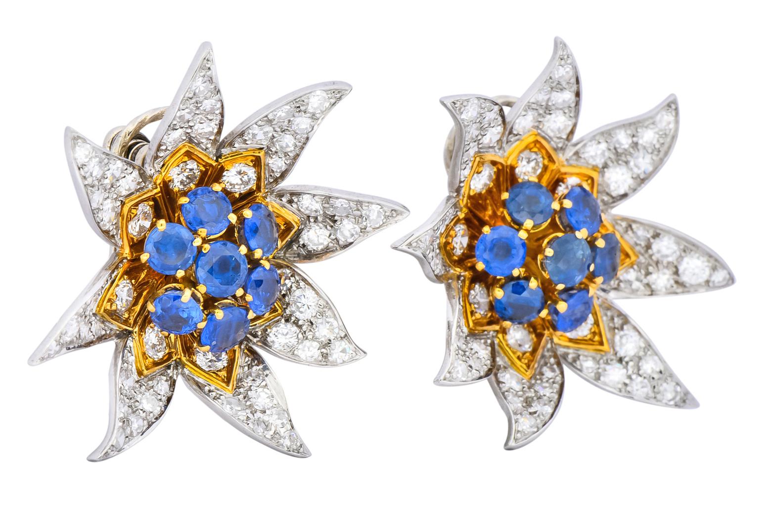 Modernist Boucheron Paris 5.52 Carat Diamond Sapphire Platinum 18 Gold Flower Earrings