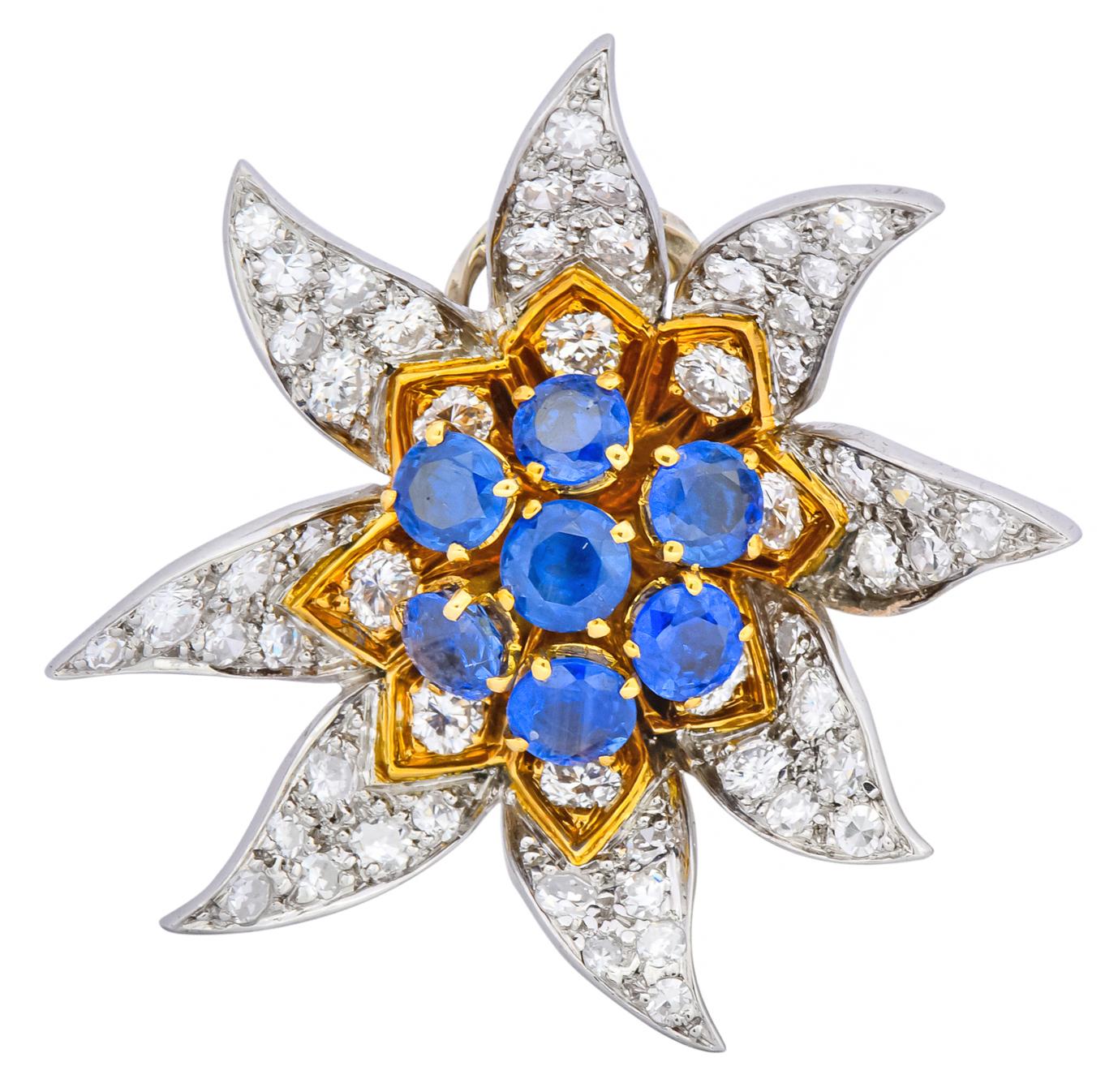 Round Cut Boucheron Paris 5.52 Carat Diamond Sapphire Platinum 18 Gold Flower Earrings