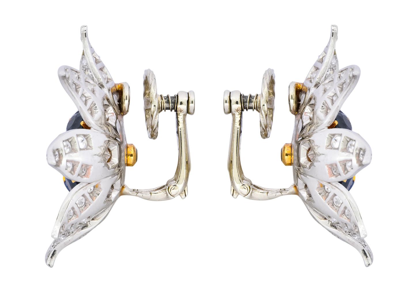 Boucheron Paris 5.52 Carat Diamond Sapphire Platinum 18 Gold Flower Earrings In Excellent Condition In Philadelphia, PA