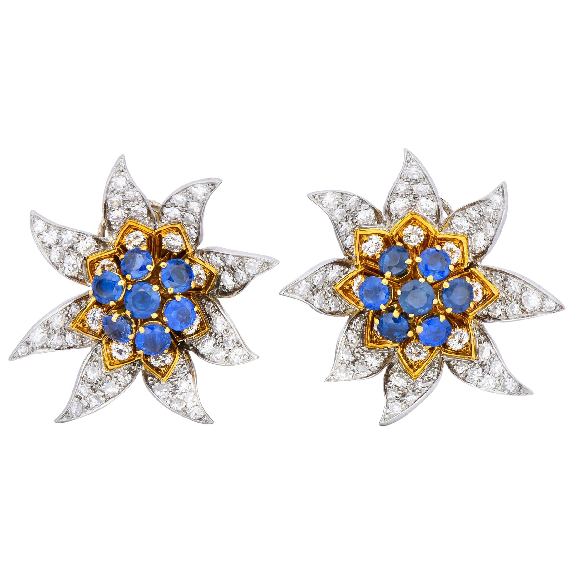 Boucheron Paris 5.52 Carat Diamond Sapphire Platinum 18 Gold Flower Earrings