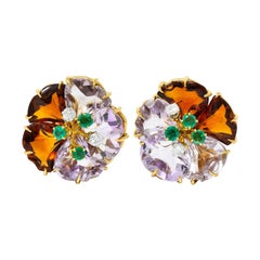 Boucheron Paris Boucles d'oreilles fleurs en or 18 carats avec diamant, émeraude, citrine et améthyste