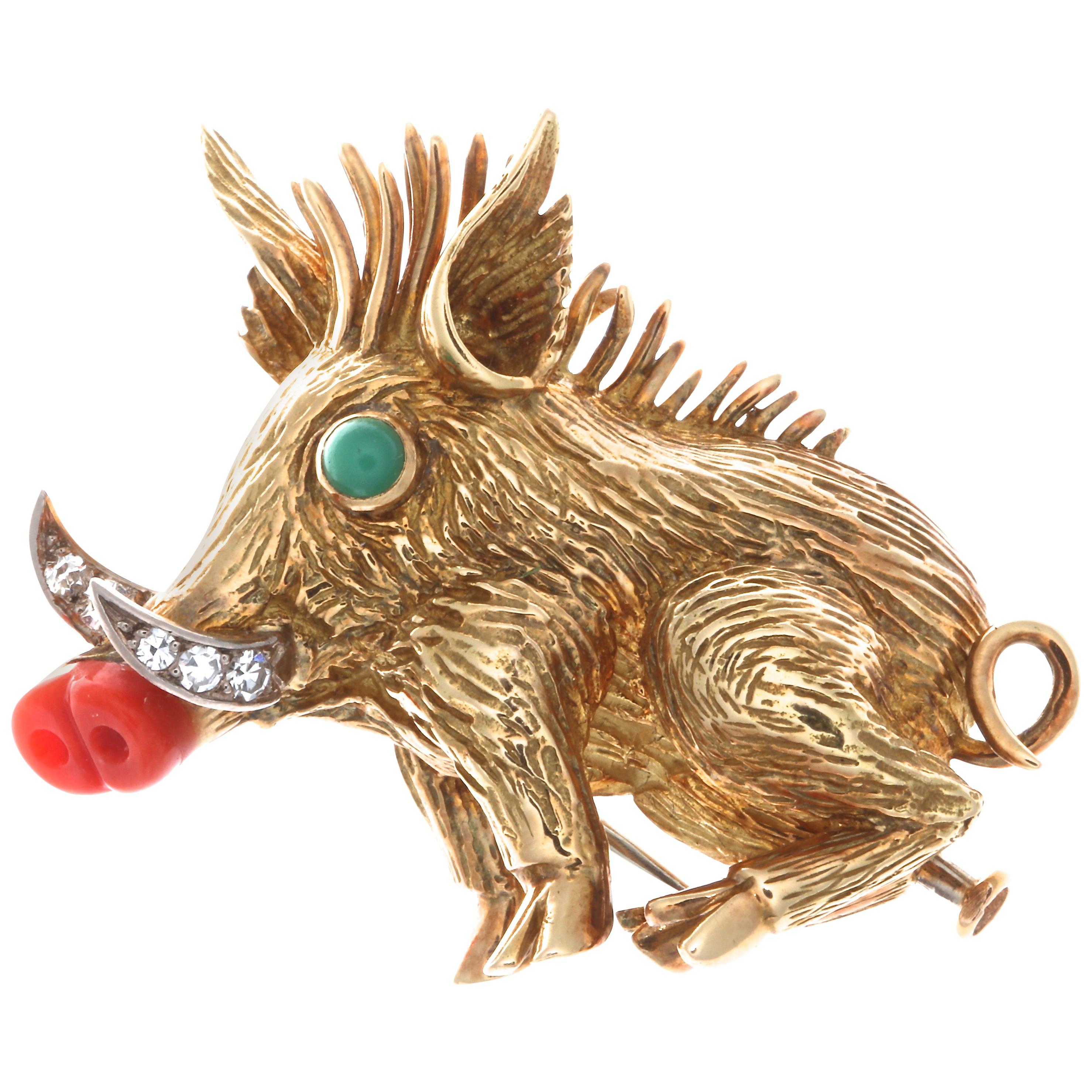 Boucheron Paris Diamond Emerald Coral Boar Brooch