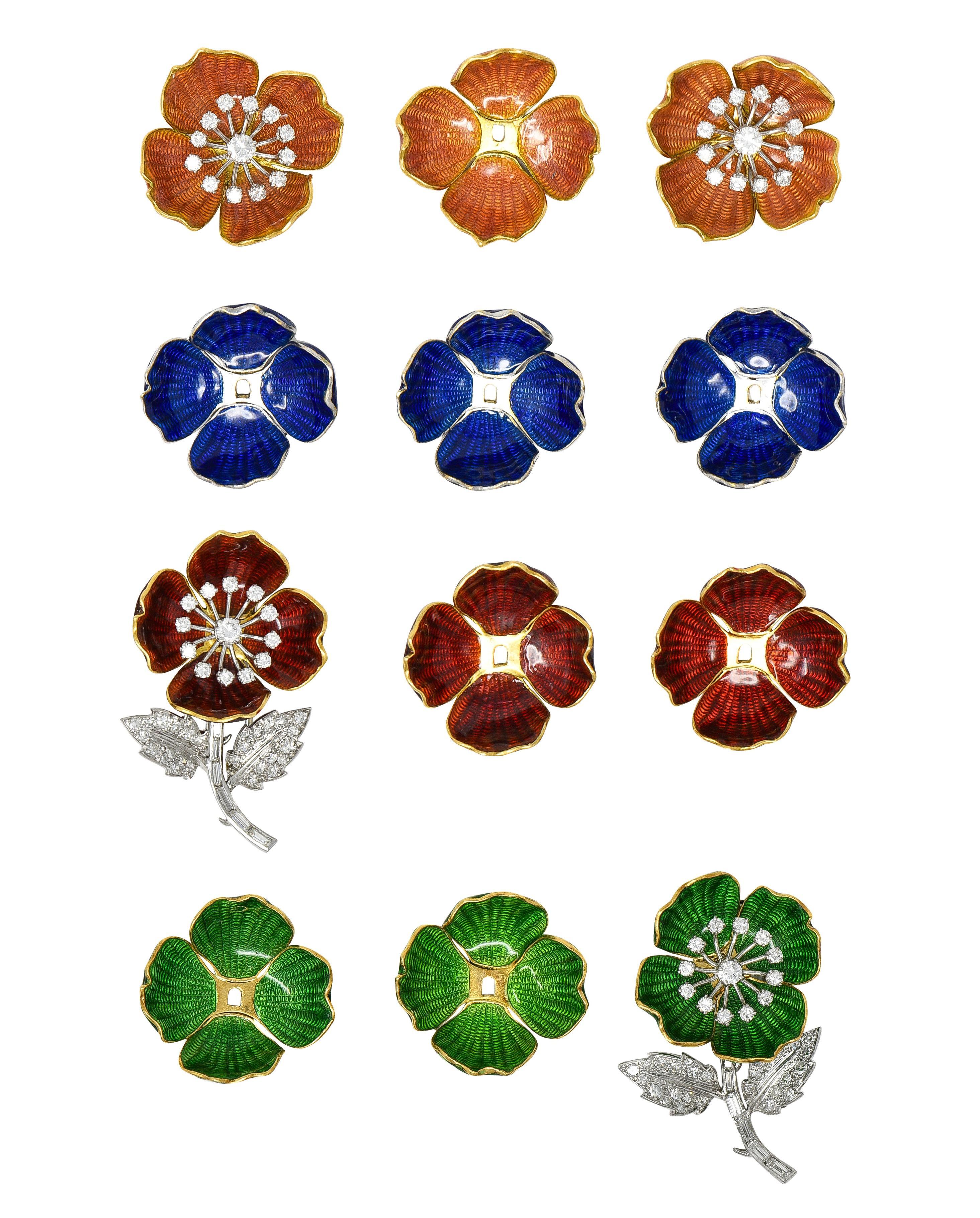 Boucheron Paris Diamond Enamel Platinum 18K Vintage Eglantine Brooch Earring Set