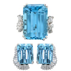 Boucheron Paris Midcentury Aquamarine and Diamond Earrings and Ring Set