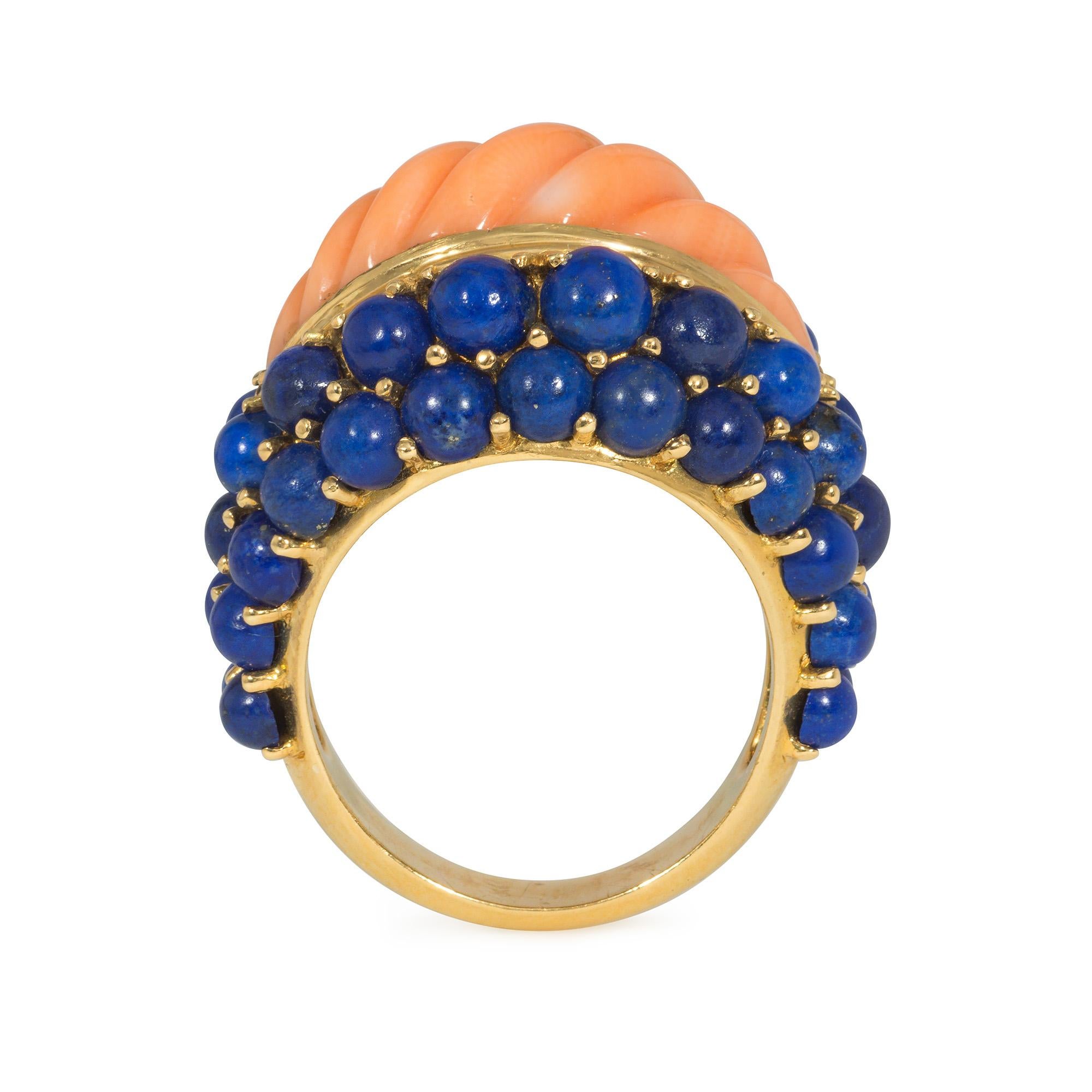 Modern Boucheron, Paris Mid-Century Gold, Coral, and Lapis Bombé Style Ring For Sale