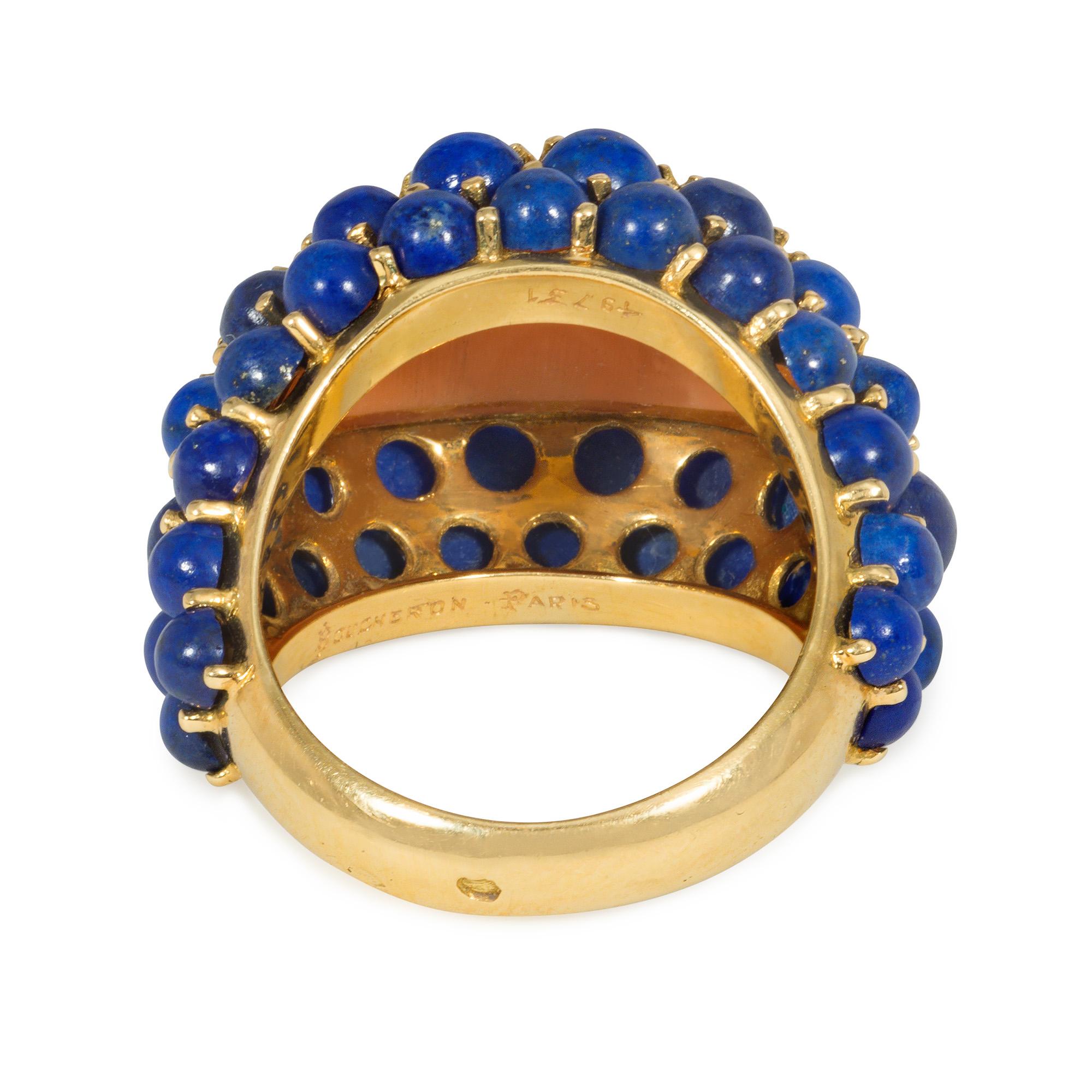 Cabochon Boucheron, Paris Mid-Century Gold, Coral, and Lapis Bombé Style Ring For Sale