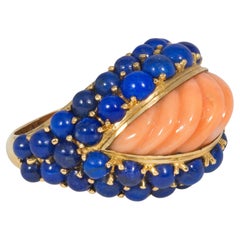 Boucheron, Paris Mid-Century Gold, Coral, and Lapis Bombé Style Ring