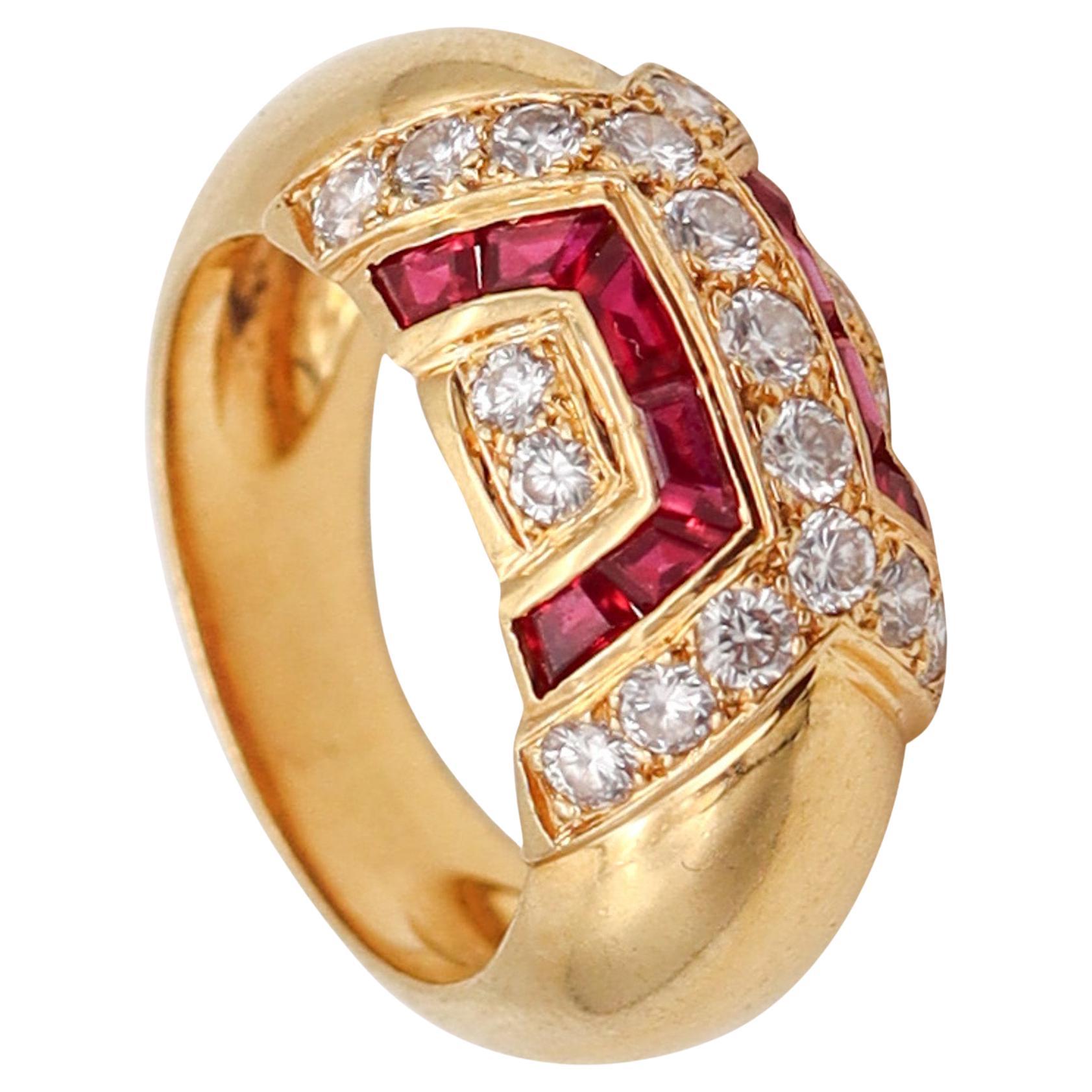 Boucheron Paris Modernist Ring In 18Kt Gold With 1.94 Ctw In Diamonds And Rubies For Sale