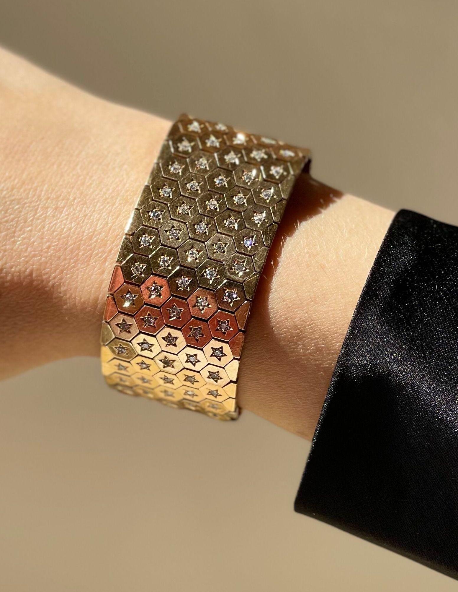 Retro 18k rose gold wide bracelet by Boucheron Paris, set with approx. 2.60ctw in G/VS diamonds, featuring honeycomb design. Bracelet is 6 5/8