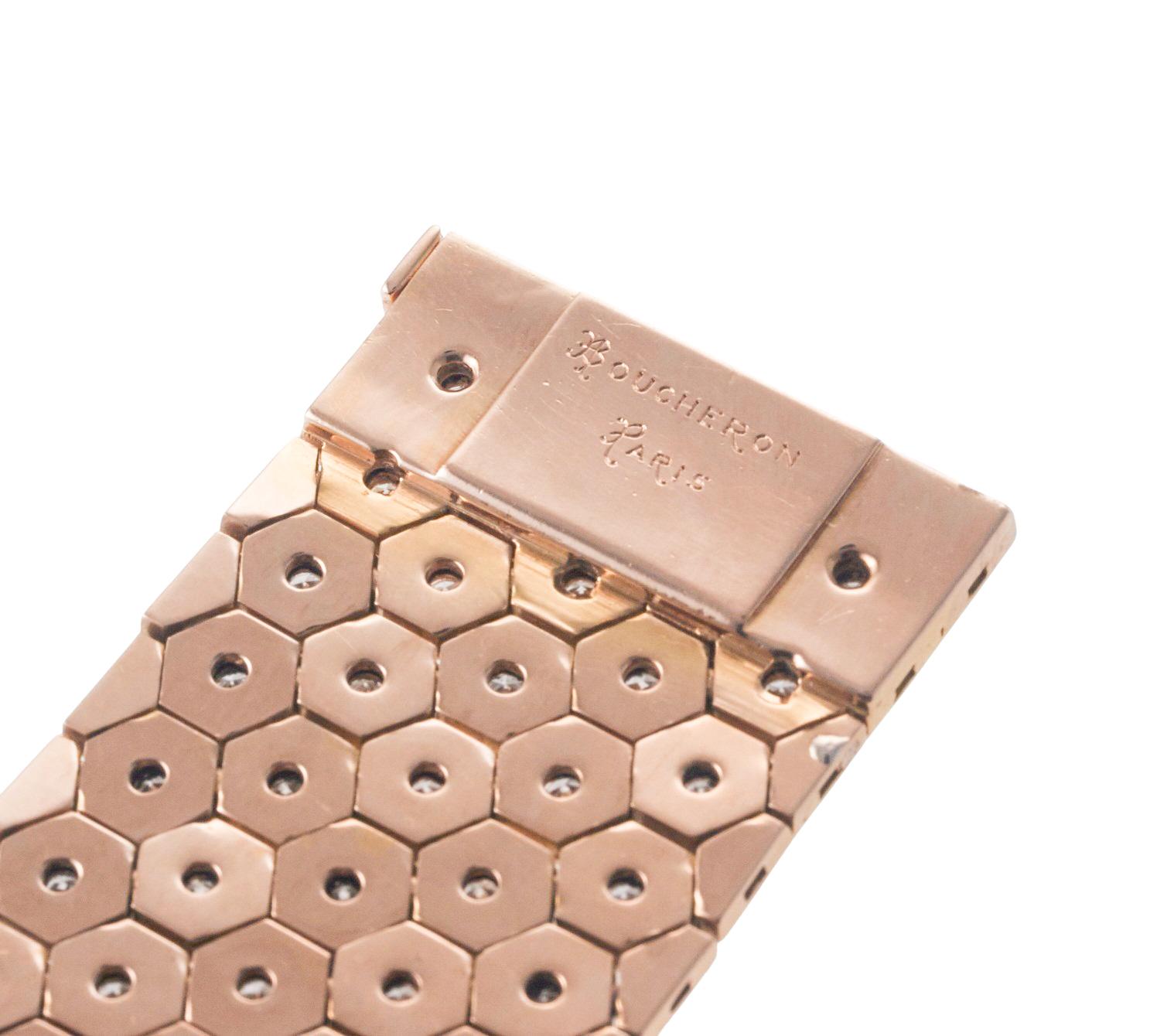 Boucheron Paris Retro Diamond Rose Gold Honeycomb Wide Bracelet For Sale 1