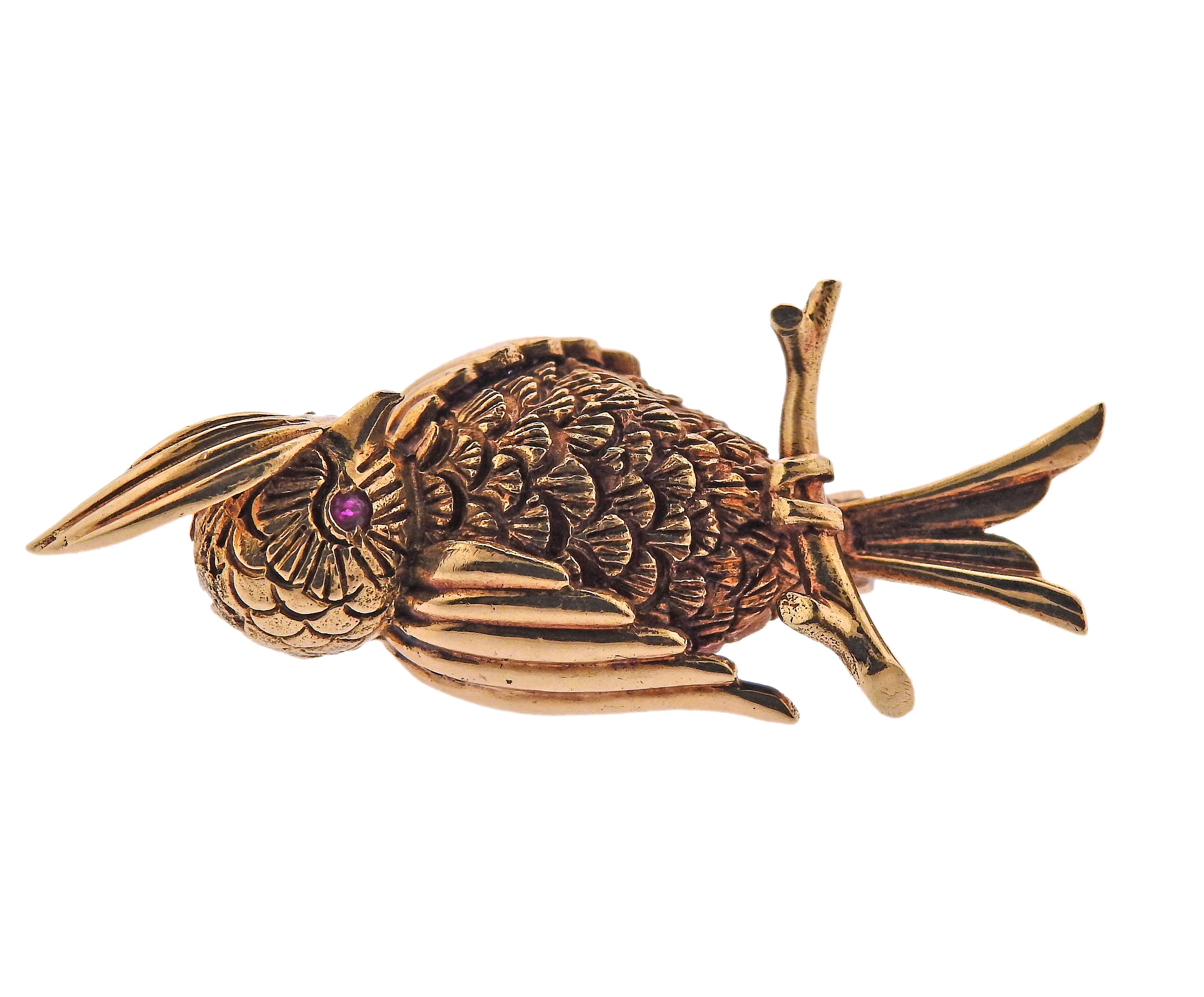 Boucheron Paris Ruby Gold Owl Brooch Pin In Excellent Condition In New York, NY