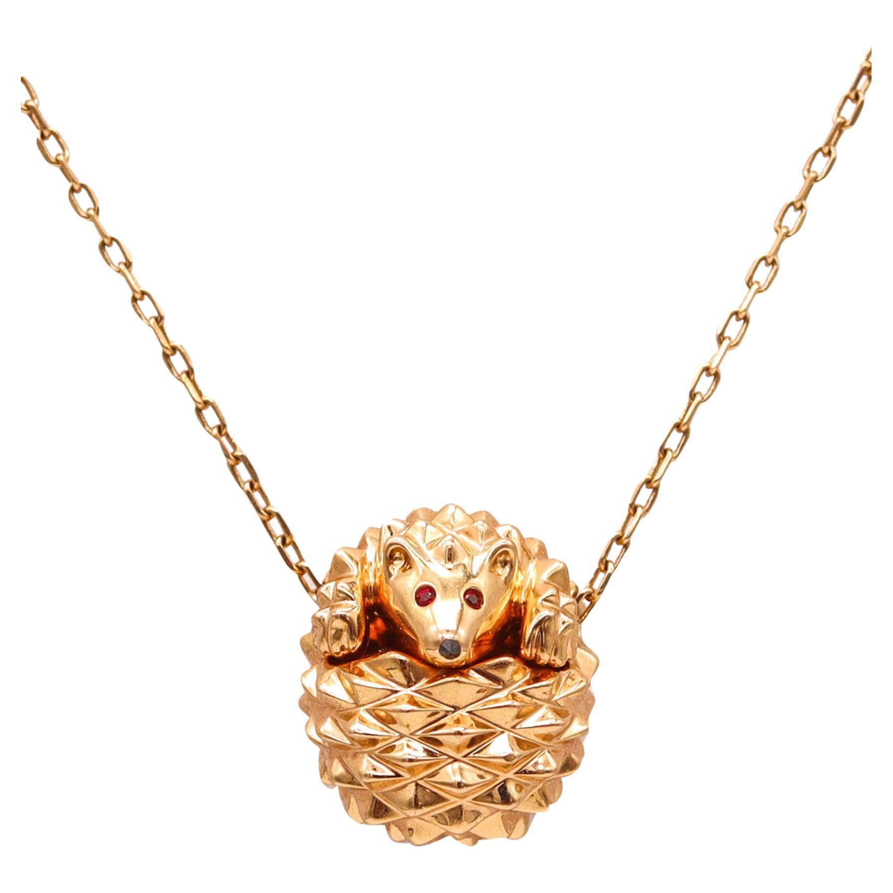 Boucheron Paris Textured Porcupine Necklace In 18Kt Yellow Gold With Two Rubies