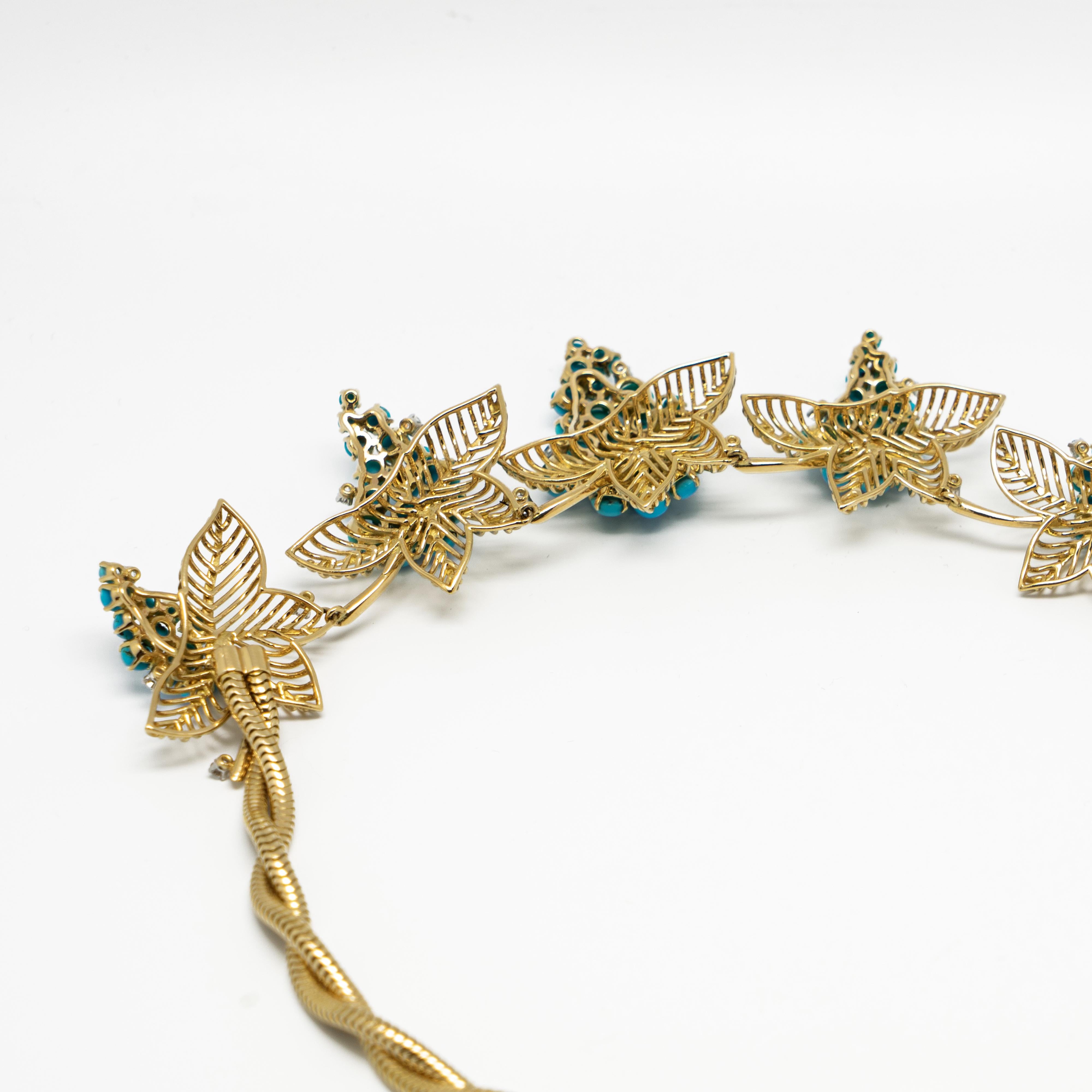 French Cut Boucheron Paris Turquoise Diamond Gold Necklace Earrings Set, 1950s For Sale