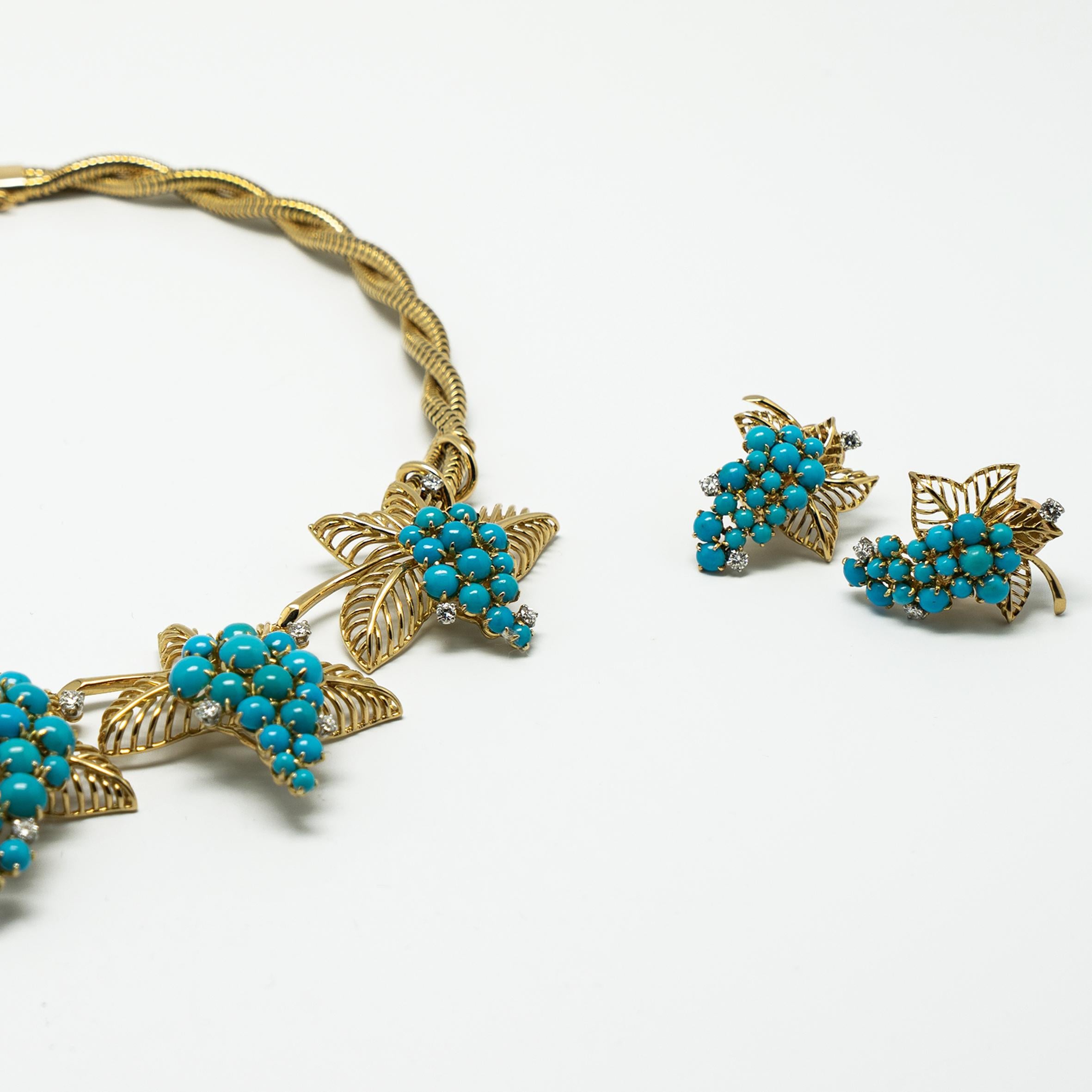 Boucheron Paris Turquoise Diamond Gold Necklace Earrings Set, 1950s In Good Condition For Sale In Beziers, FR