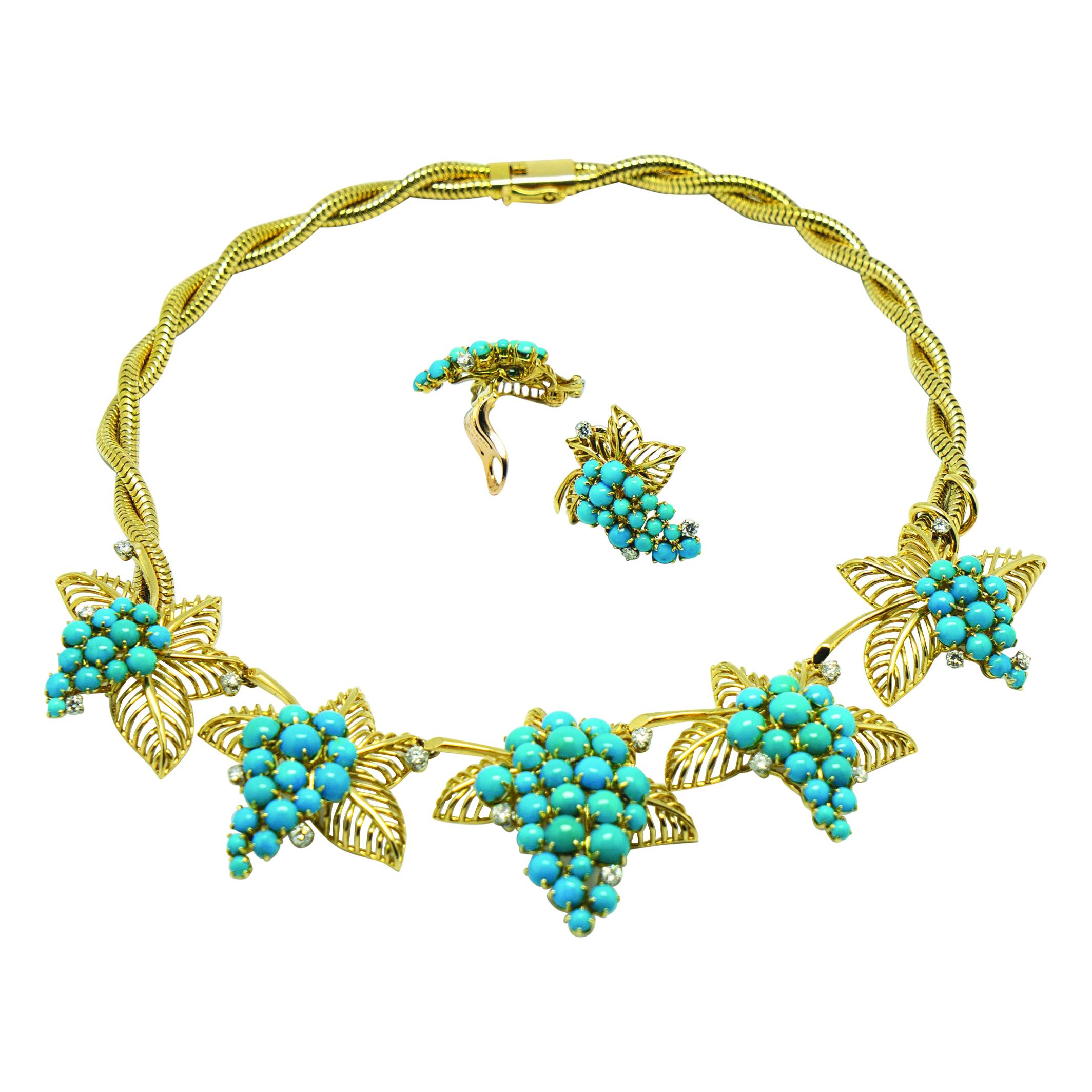 Boucheron Paris Turquoise Diamond Gold Necklace Earrings Set, 1950s For Sale