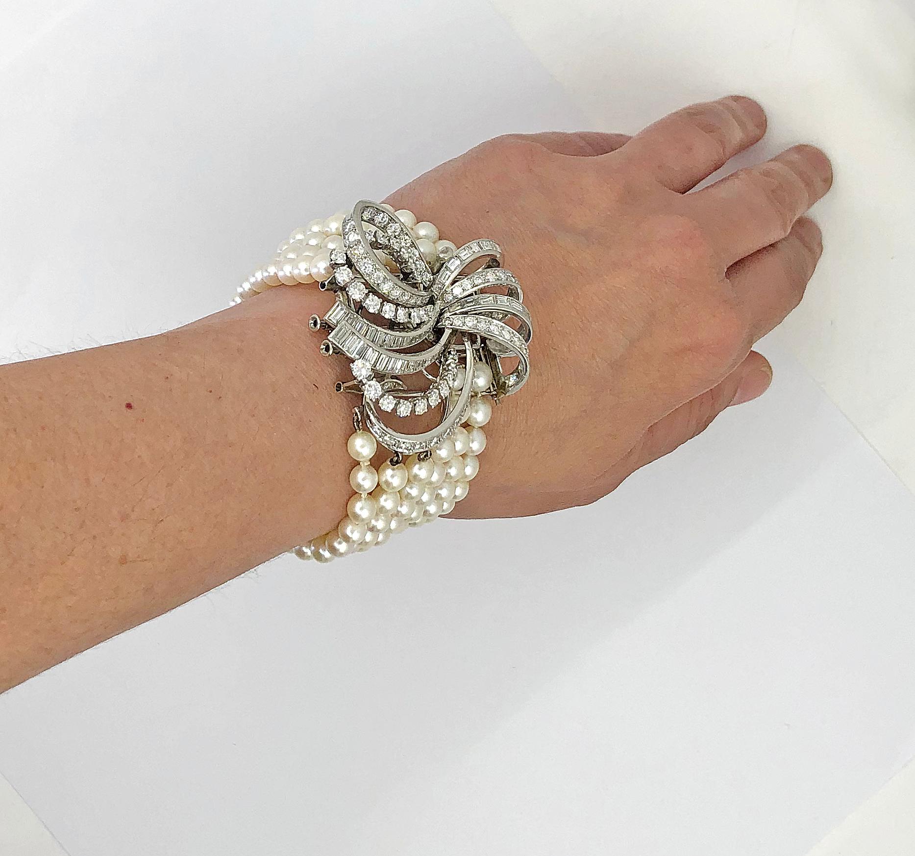 Boucheron Vintage 1950er Jahre Perlenarmband mit großem Diamantmotiv (Rundschliff) im Angebot