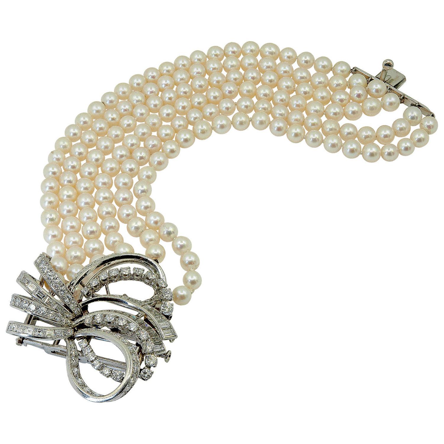 Boucheron Vintage 1950er Jahre Perlenarmband mit großem Diamantmotiv im Angebot