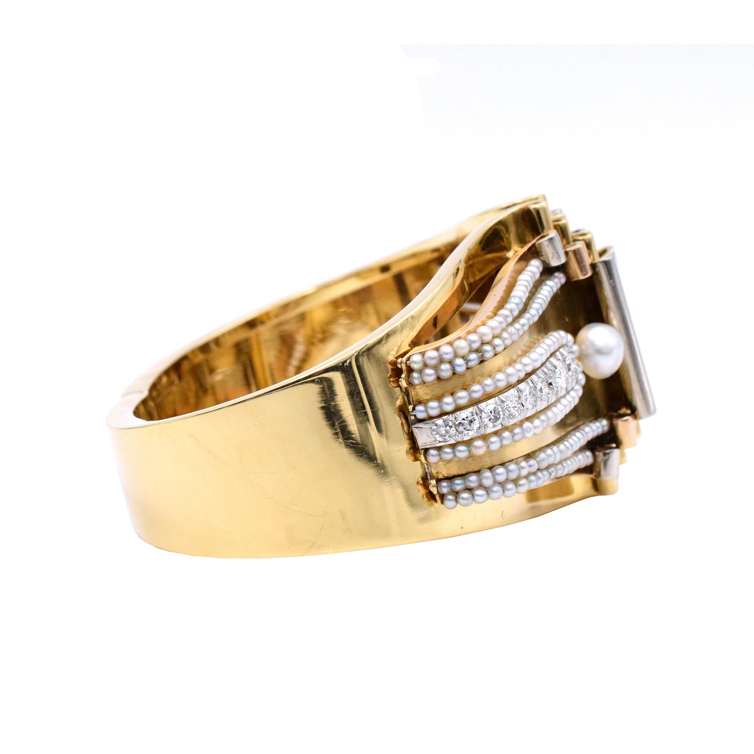 Round Cut Boucheron Pearl Diamond Gold Scroll Design Bangle Bracelet For Sale