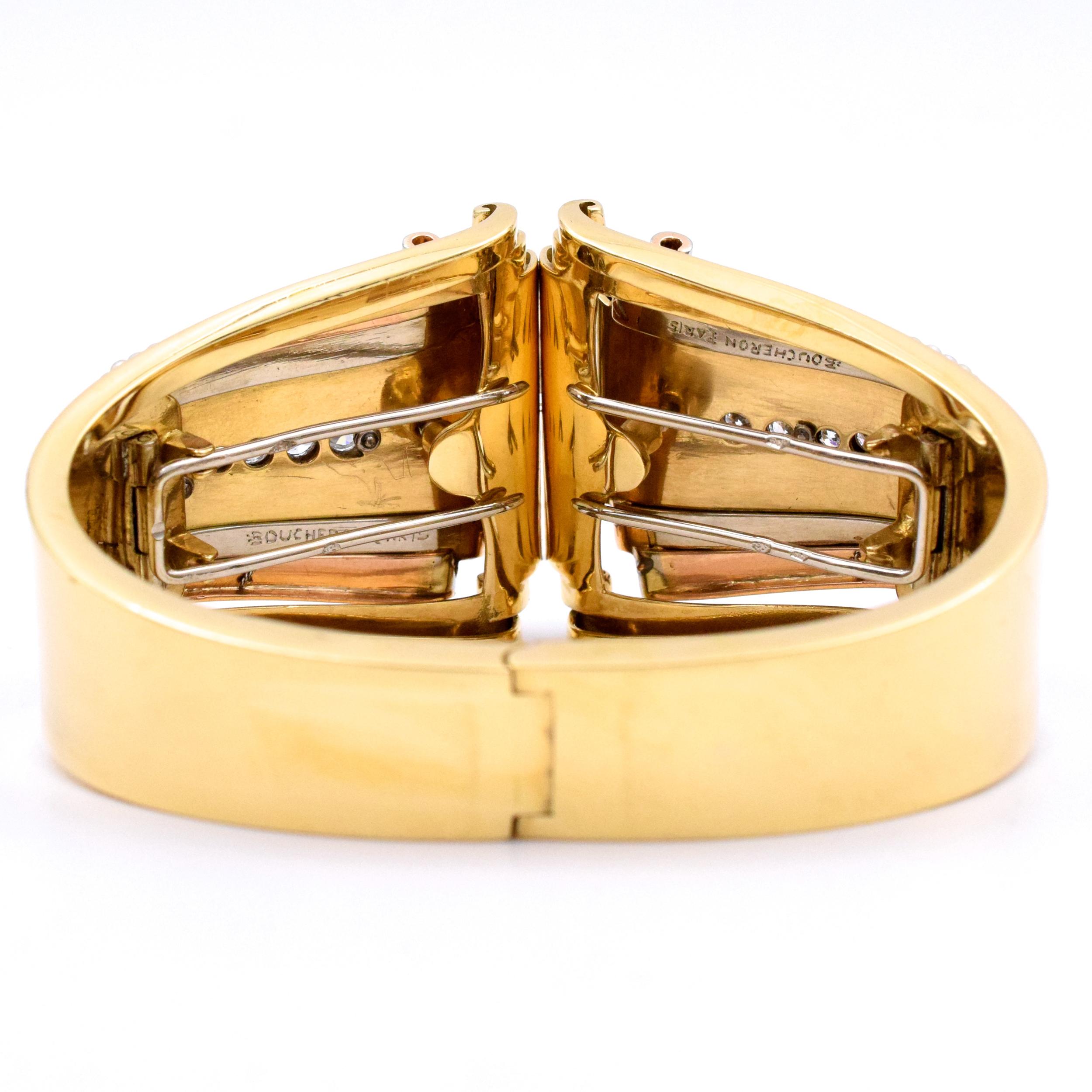 Boucheron Pearl Diamond Gold Scroll Design Bangle Bracelet For Sale 1