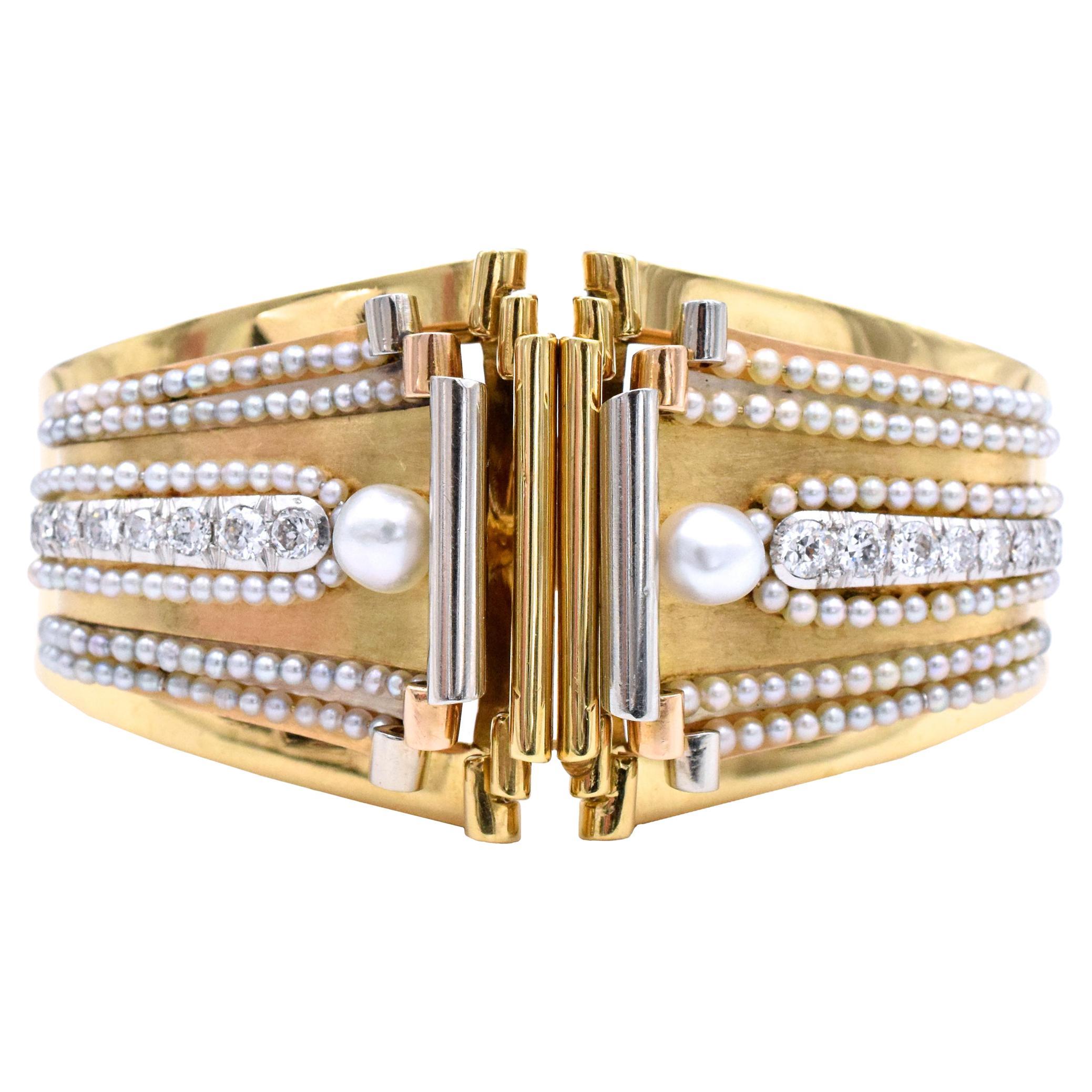 Boucheron Pearl Diamond Gold Scroll Design Bangle Bracelet For Sale