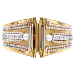Boucheron Pearl Diamond Gold Scroll Design Bangle Bracelet