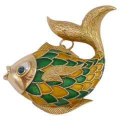 Boucheron Pendant Gold Brooch Fish Enamel Vintage