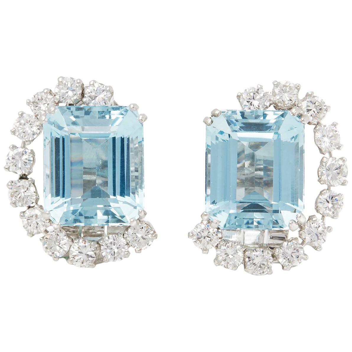 Boucheron Platinum Aquamarine and Round Cut Diamond 1930s Vintage Earrings