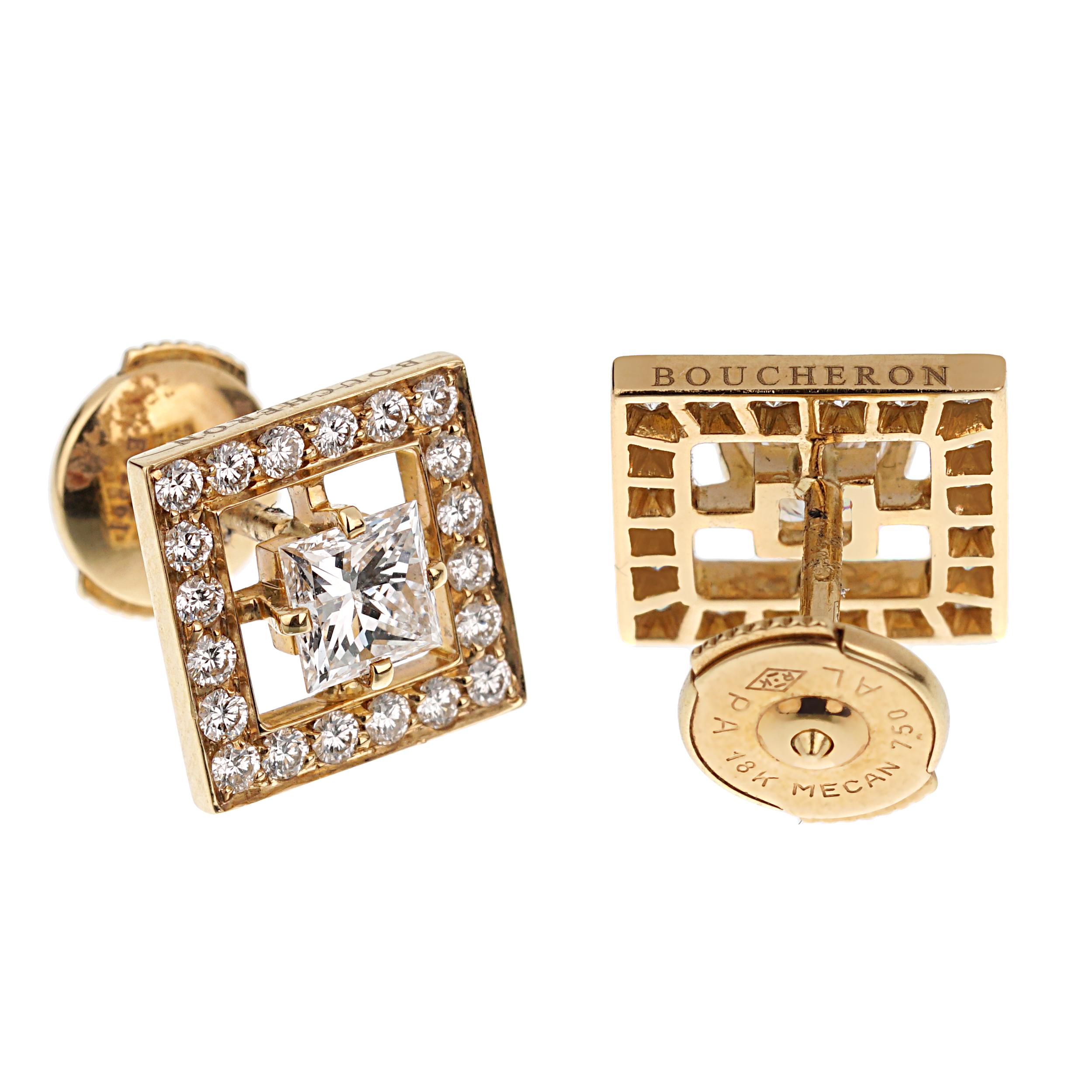 Boucheron Princess Cut Diamond Stud Yellow Gold Earrings In Excellent Condition For Sale In Feasterville, PA