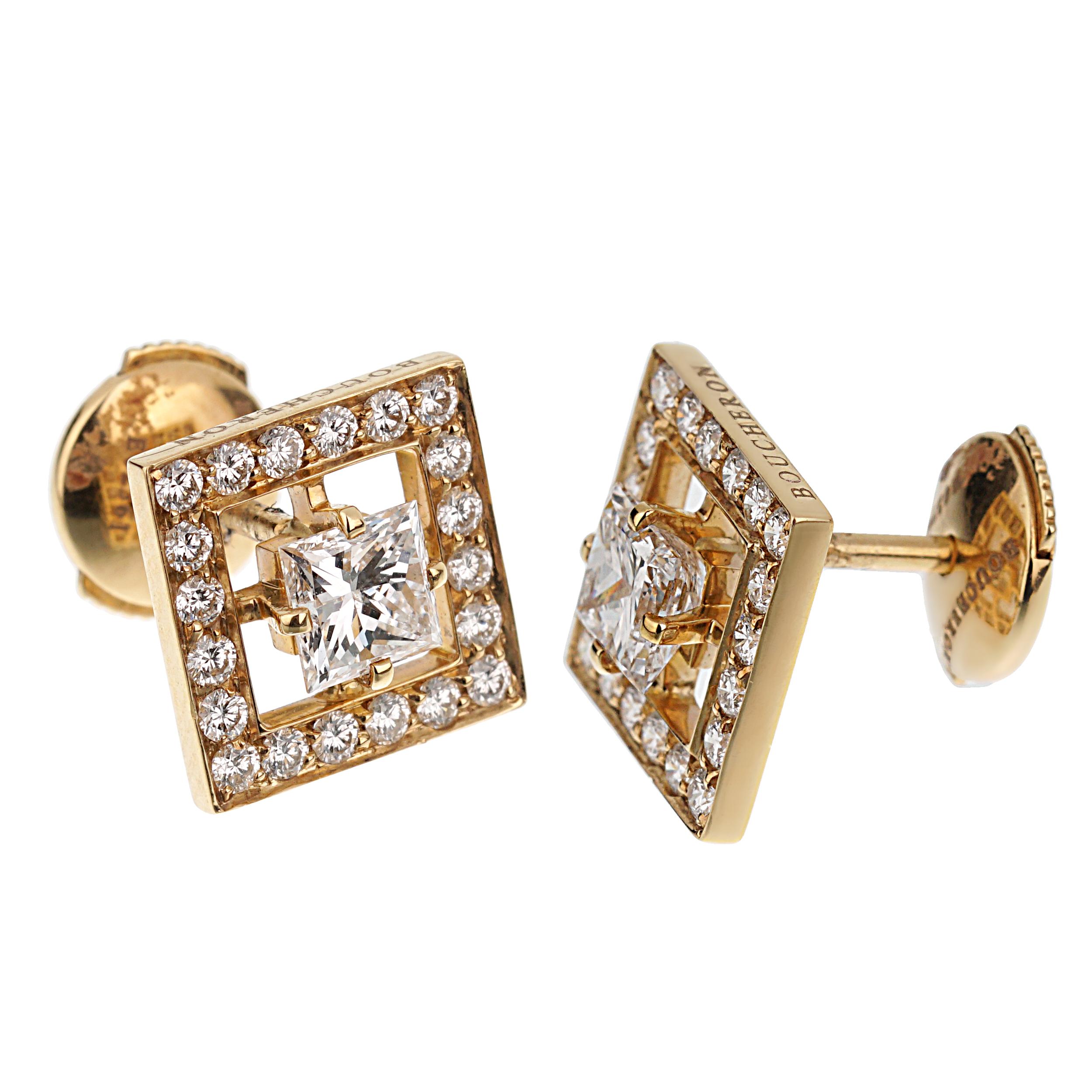 Women's or Men's Boucheron Princess Cut Diamond Stud Yellow Gold Earrings For Sale