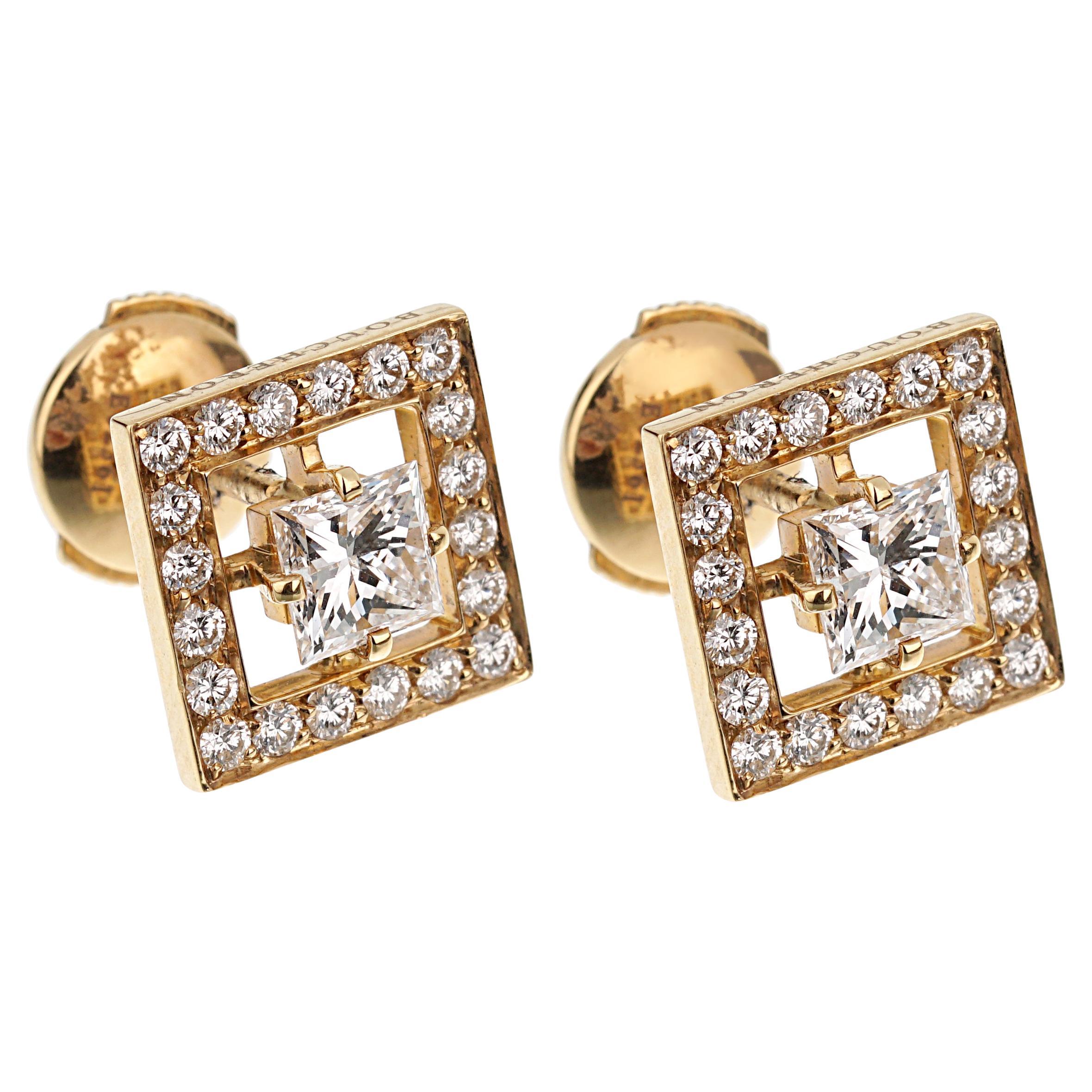 Boucheron Princess Cut Diamond Stud Yellow Gold Earrings For Sale