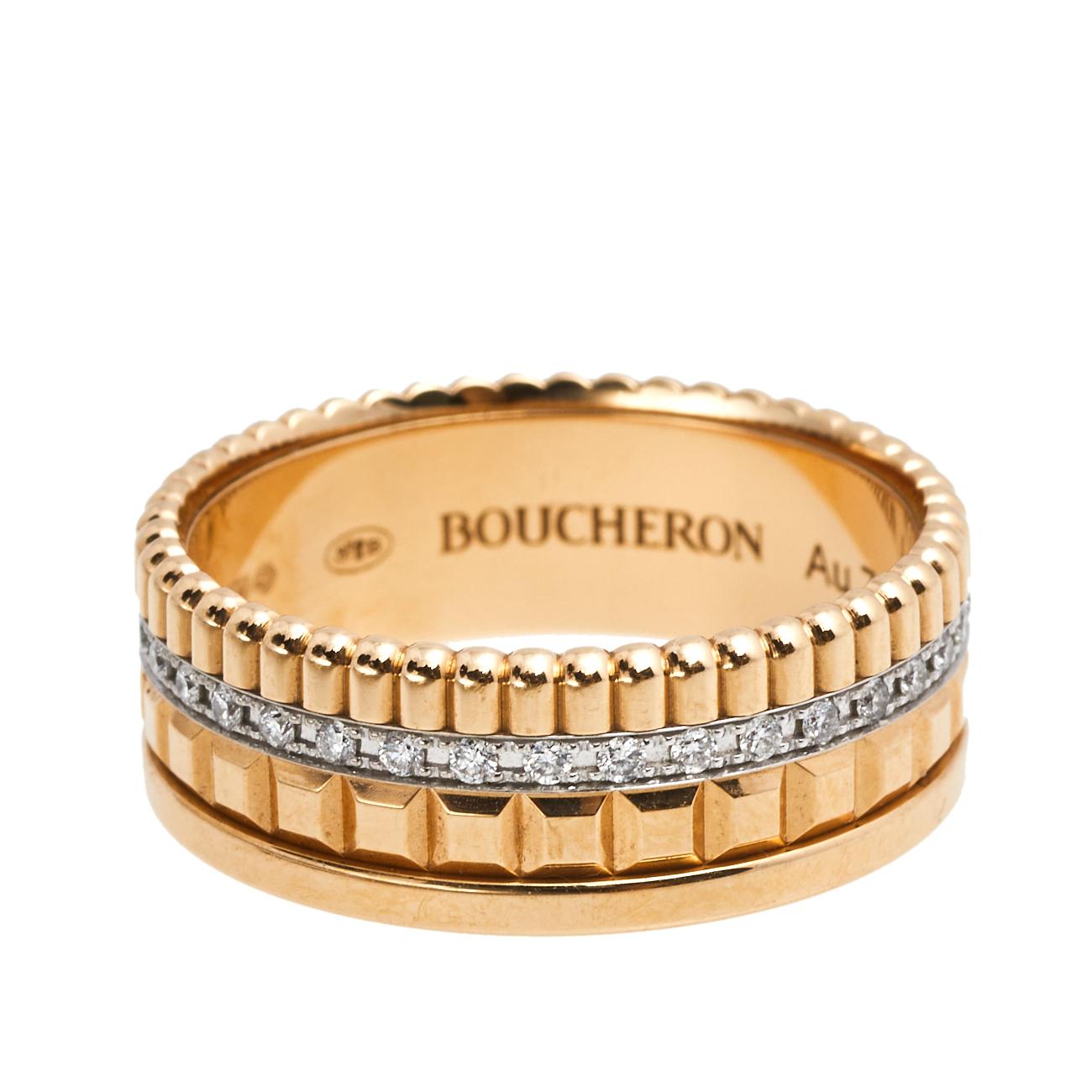 Boucheron's Quatre collection beautifully presents the spirit of the brand, exemplifying craftsmanship, and an intricate play of textures and gold. The Quatre Radiant collection gifts you this ring arranged preciously with multiple 18k gold bands