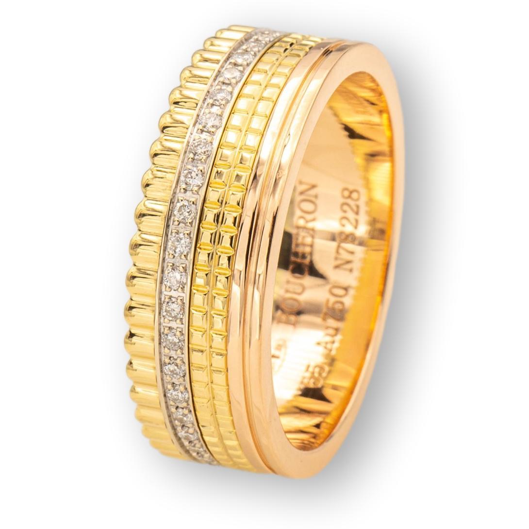Boucheron Quatre band ring finely crafted in 18 Karat Pink ,Yellow and White Gold  featuring a variety of band textures and shapes, including a studded double row band and Pave diamond band weighing approximately .24 carats total weight. Ring is