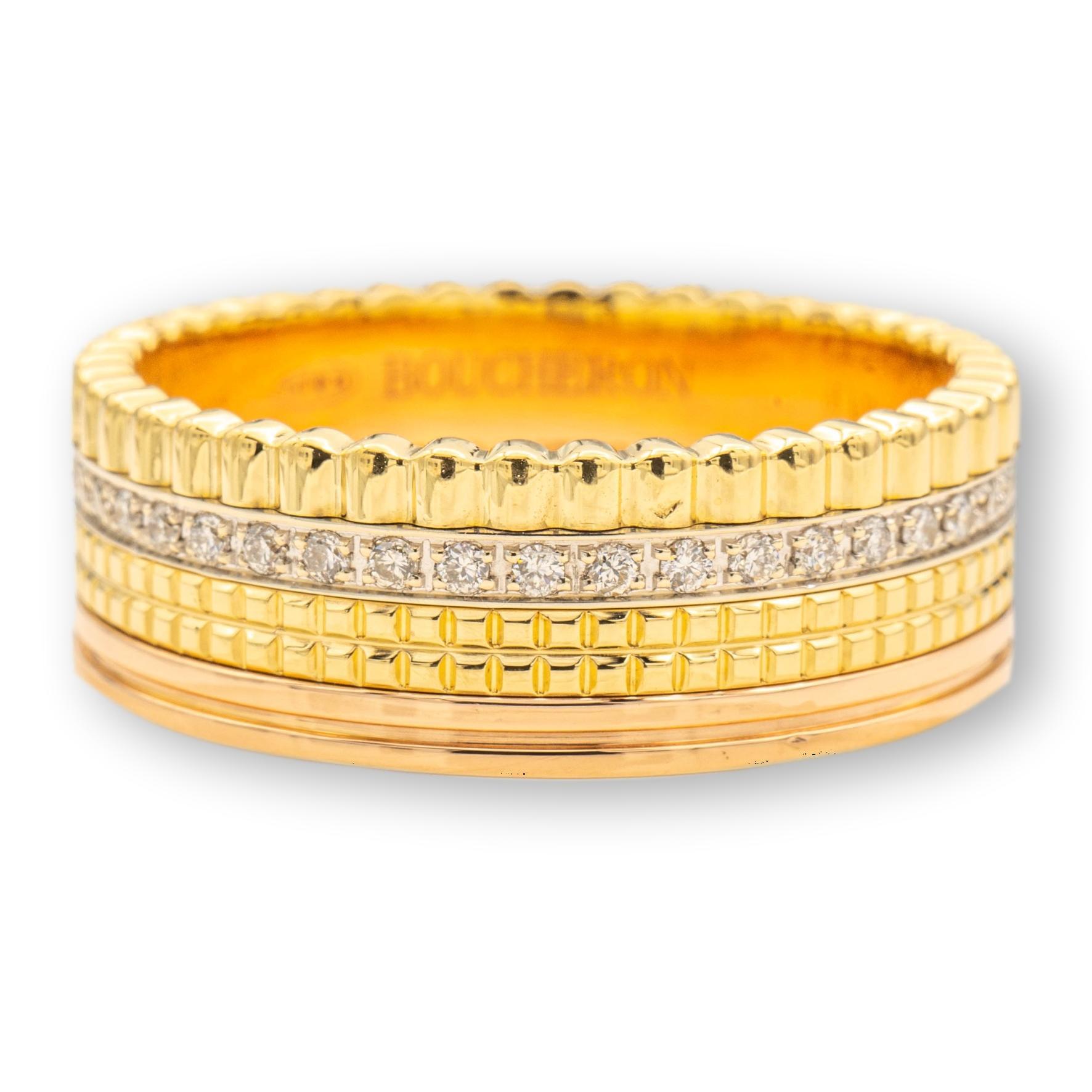 Round Cut Boucheron Quatre Classique 18K Pink, Yellow and White Gold Diamond Band Ring Siz