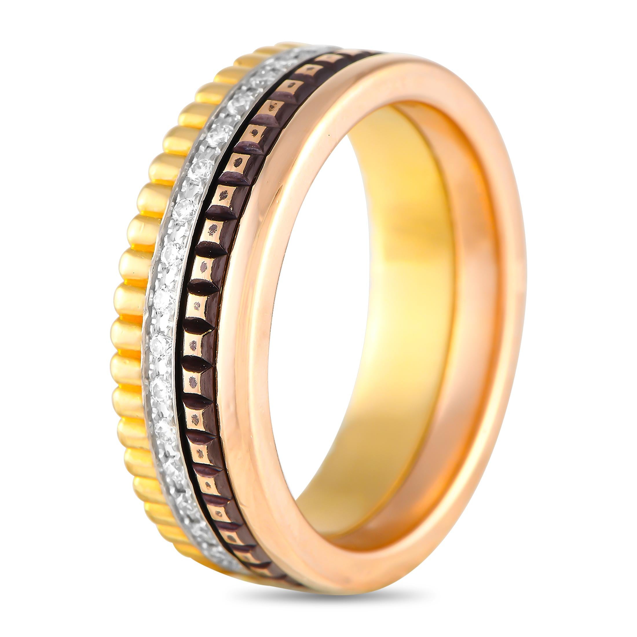 From Boucheron's Quatre ClassiqueCollection, here is a gorgeous ring with four distinct parts that present a stylish stacked look. It features a grooved and polished yellow gold band followed by a diamond-encrusted white gold band, a brown and