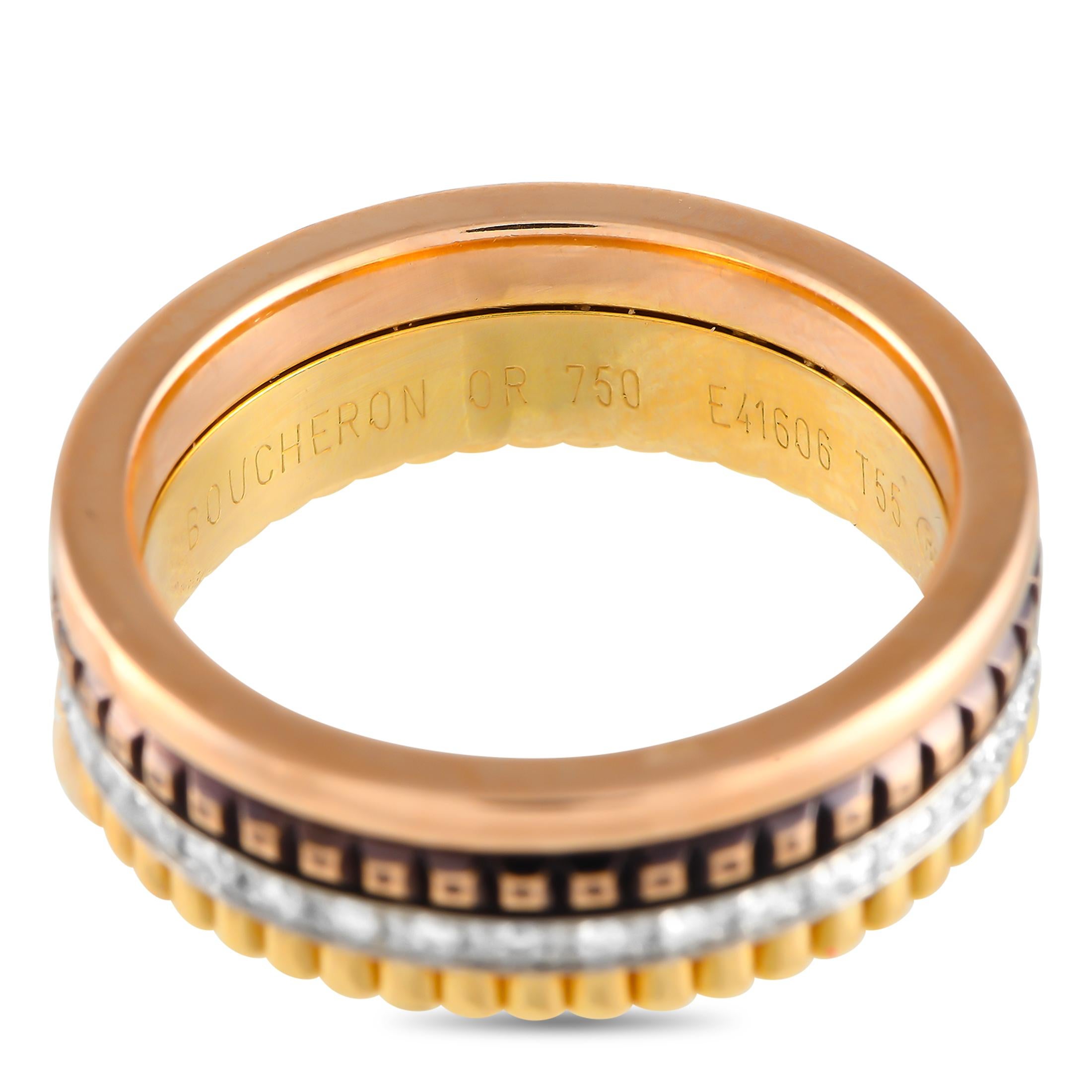 Boucheron Quatre Classique 18K Rose, Yellow, and White Gold Diamond Band Ring In Excellent Condition In Southampton, PA