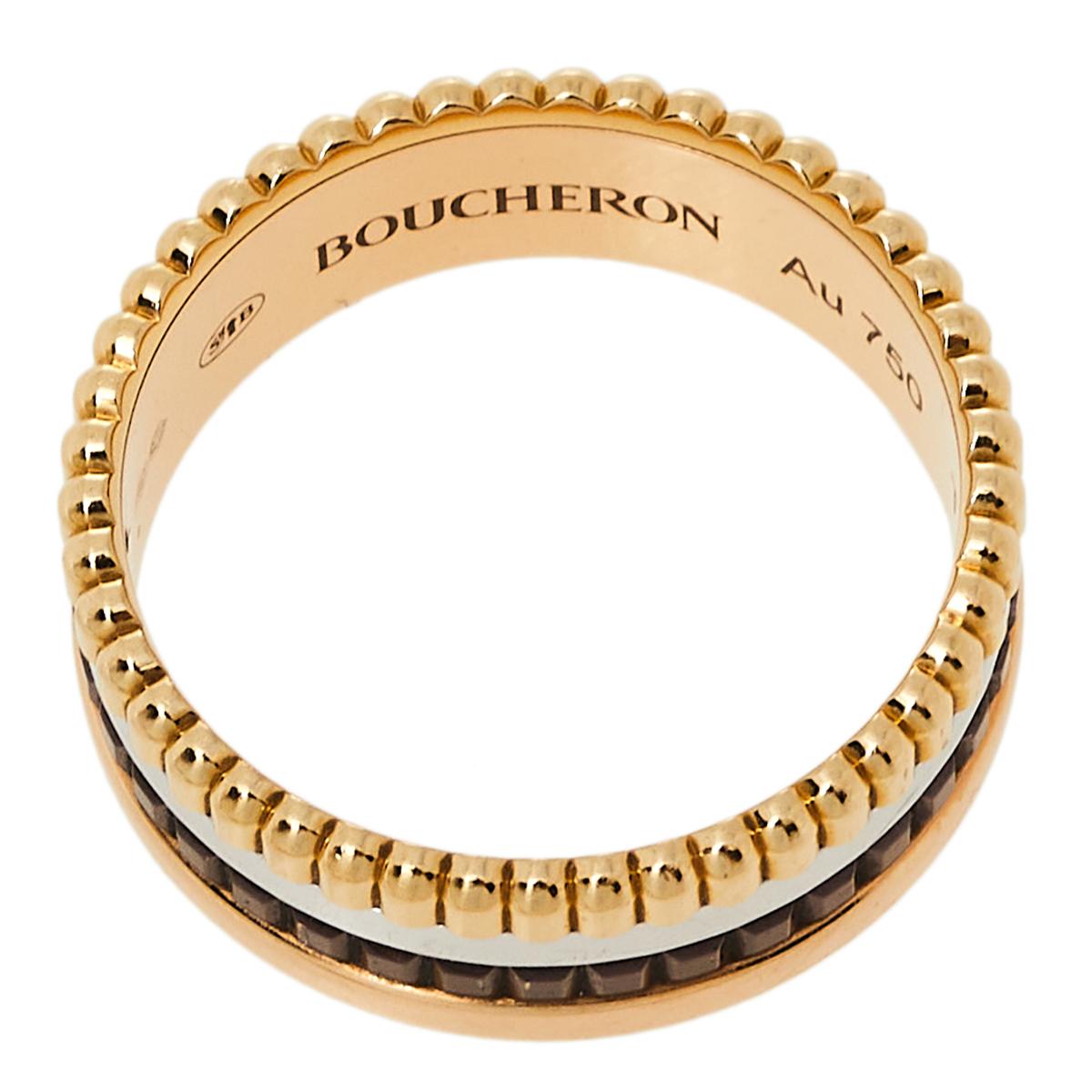 Boucheron's Quatre collection beautifully presents the spirit of the brand, exemplifying craftsmanship, and an intricate play of textures and gold. The very collection blesses you with this ring arranged preciously in 18k three-tone gold, and brown