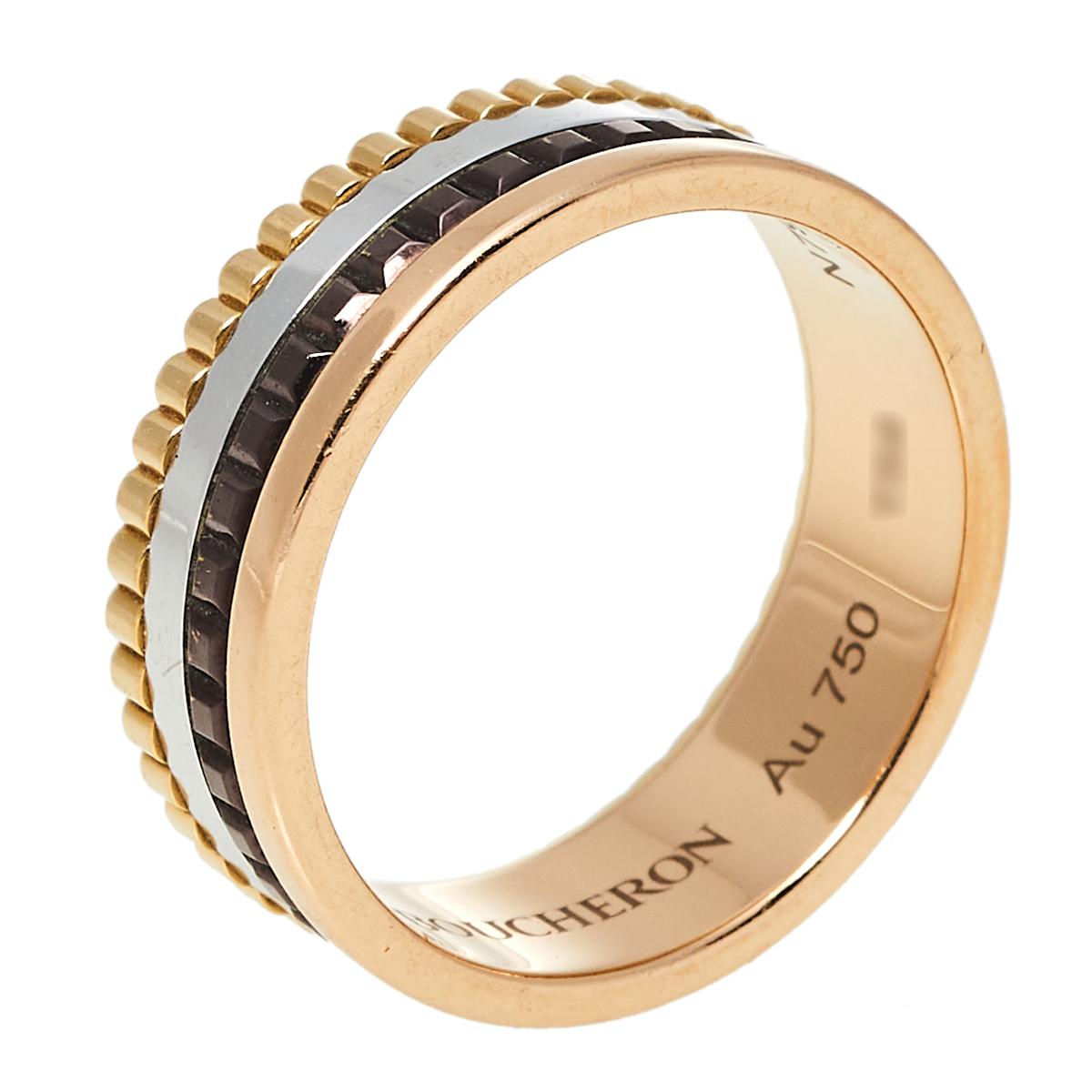 Boucheron Quatre Classique 18K Three Tone Gold PVD Small Band Ring 54 In Fair Condition In Dubai, Al Qouz 2